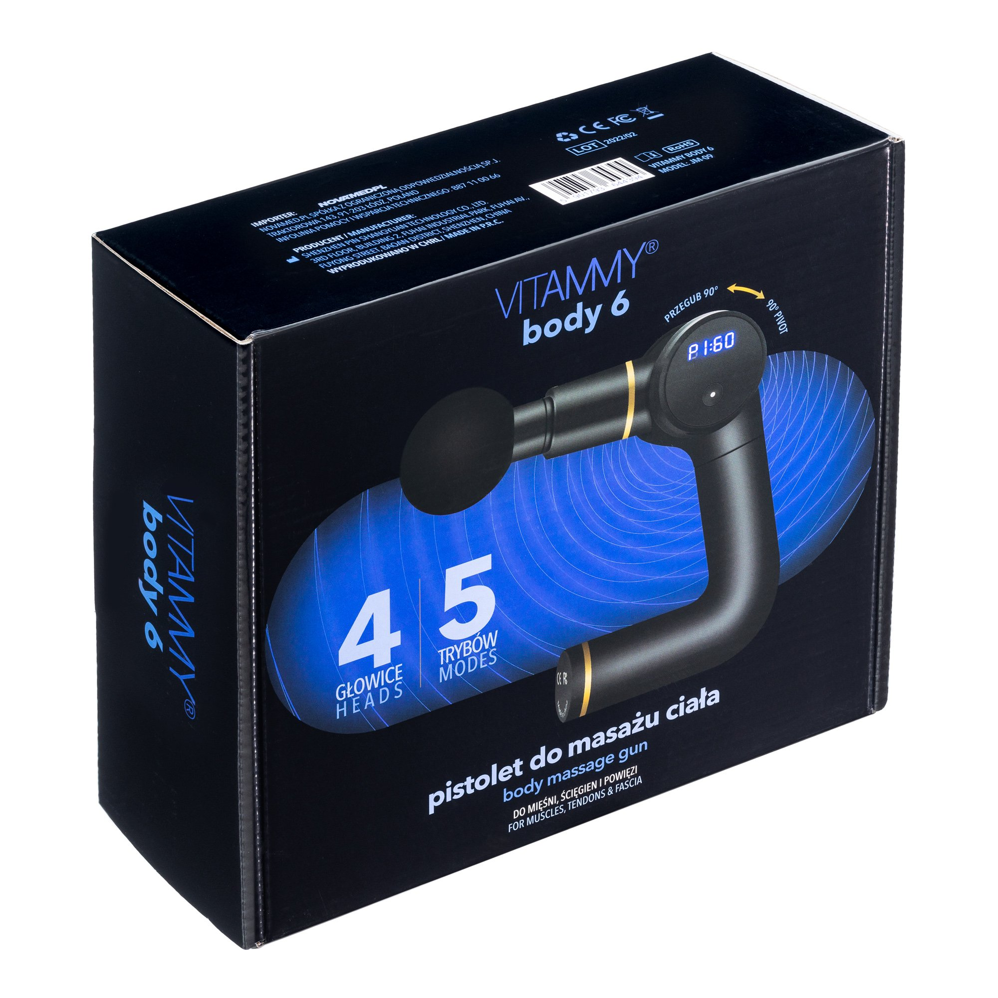 Pudełko z pistoletem do masażu z czarno-złotym masażerem. Pudełko zawiera informacje o produkcie.