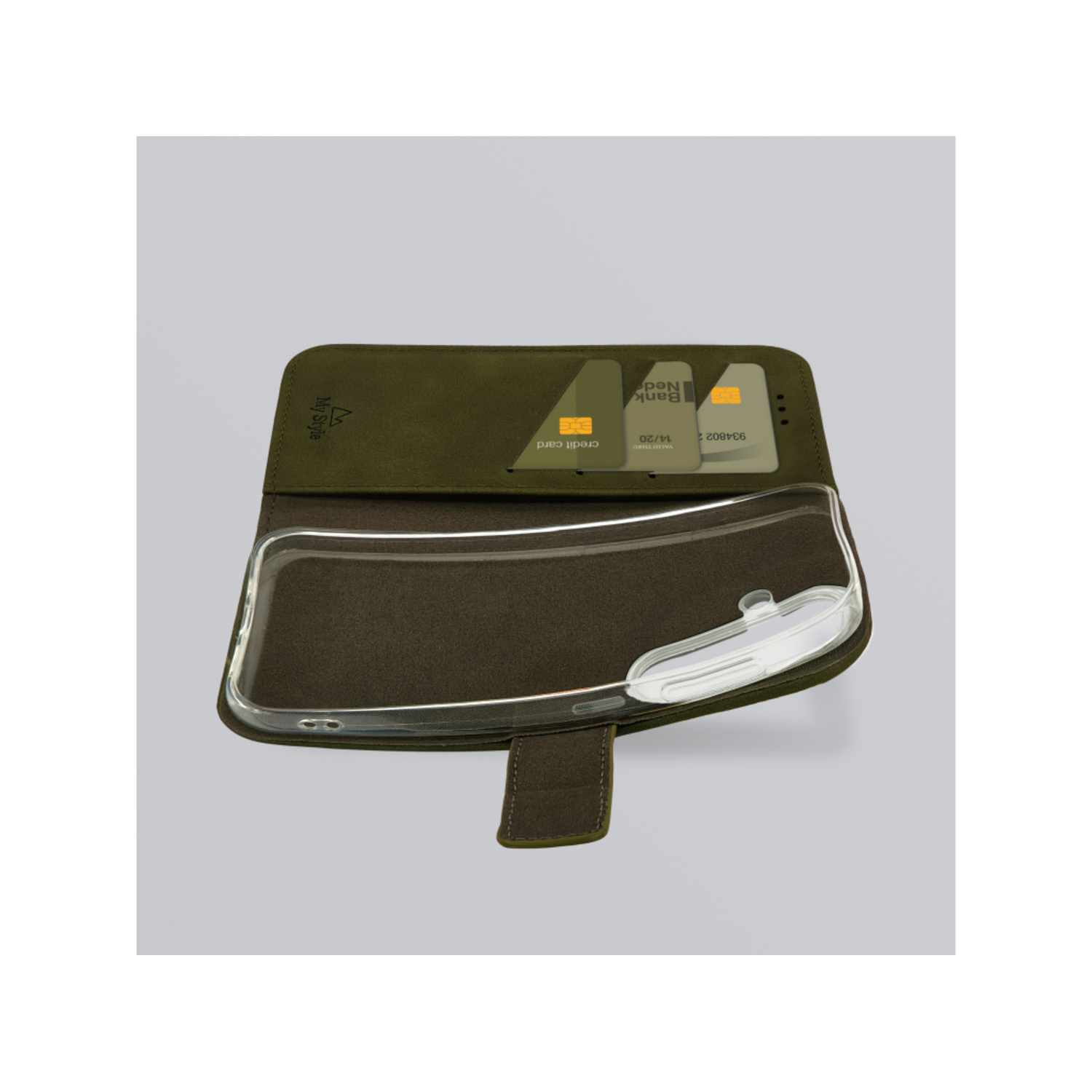 Een groene leren telefoonhoes met creditcards erin.