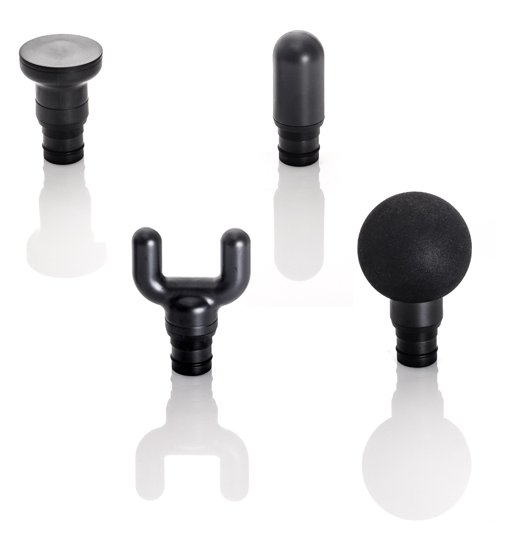 Czarne końcówki do pistoletu do masażu: płaskie, kuliste, w kształcie litery U i okrągłe.