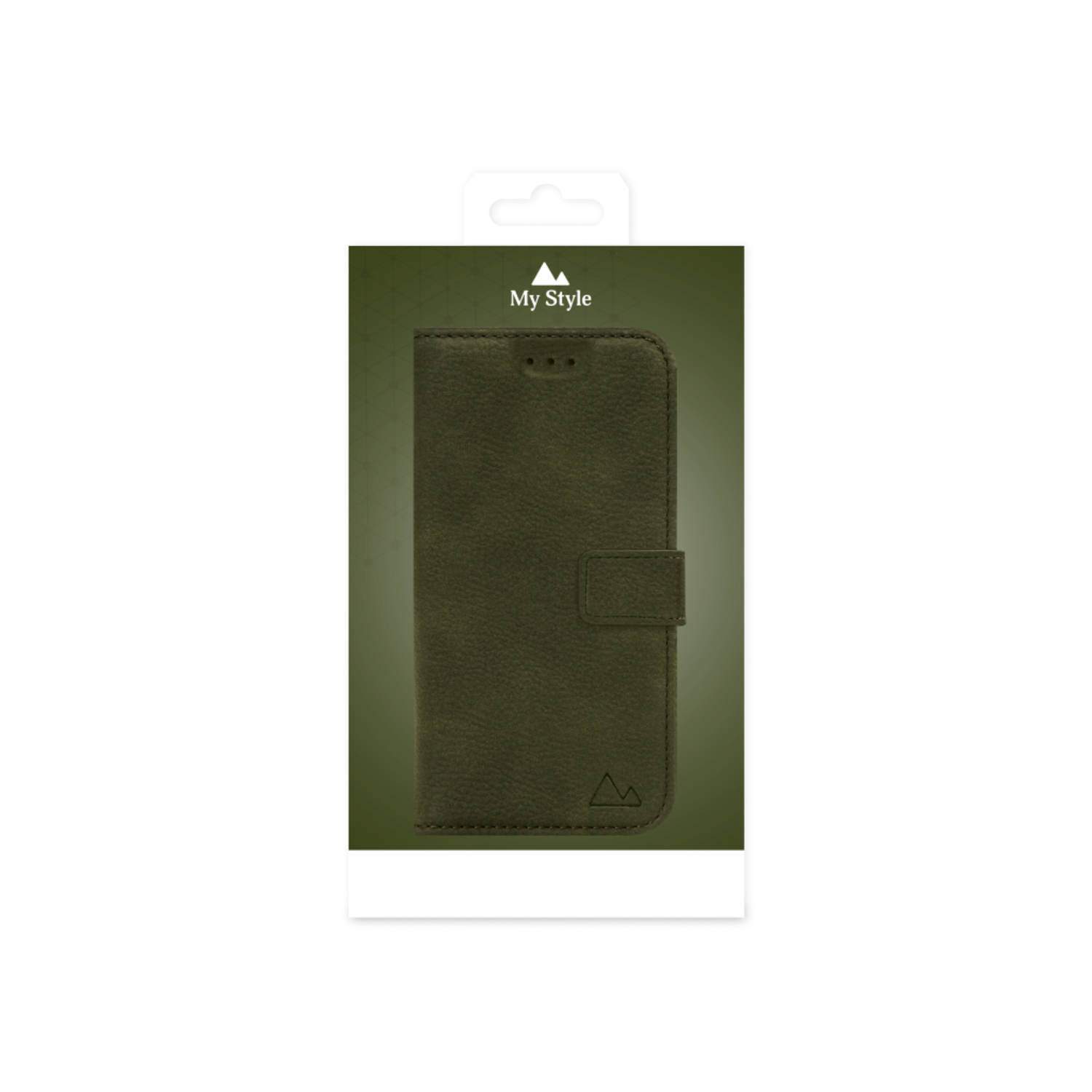 Een groene telefoonhoes in een witte verpakking. De hoes heeft een eenvoudig ontwerp en een logo.