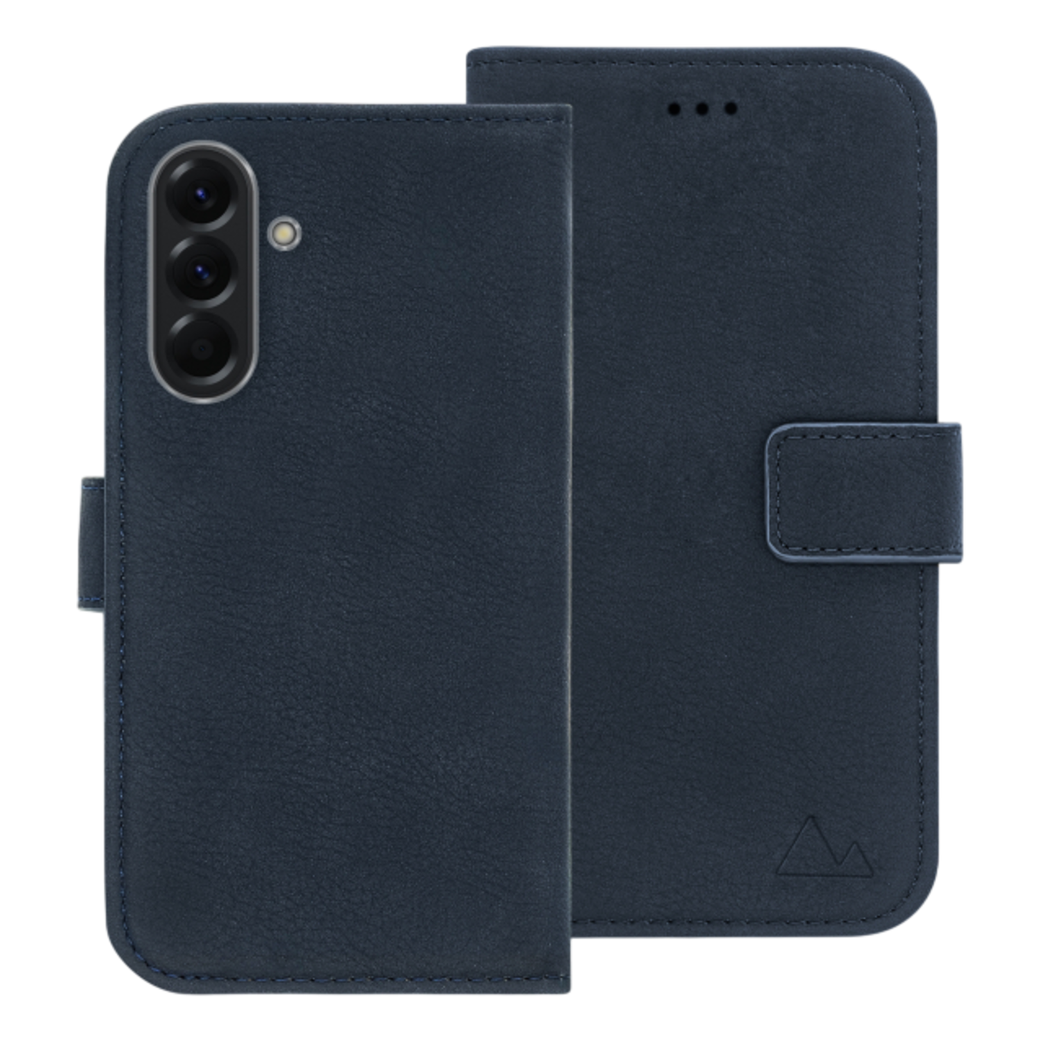 Marineblauwe leren telefoonhoes, open. De telefoon is niet zichtbaar.