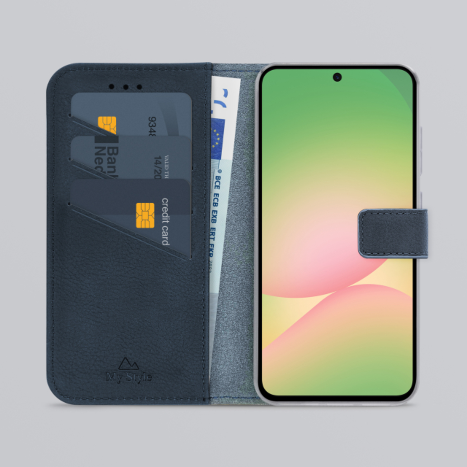 Een blauwe portemonnee met kaarten en geld, een smartphone met een groen scherm is zichtbaar.