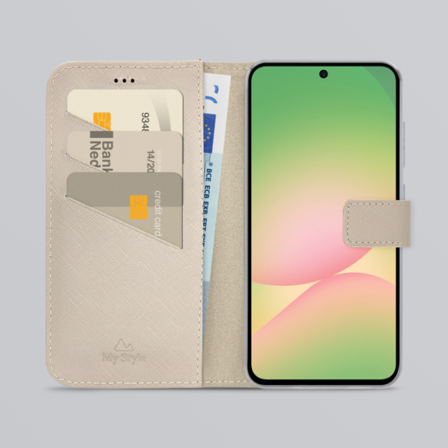 Un téléphone dans un étui portefeuille. Cartes de crédit et billets en euros sont visibles. Écran dégradé.