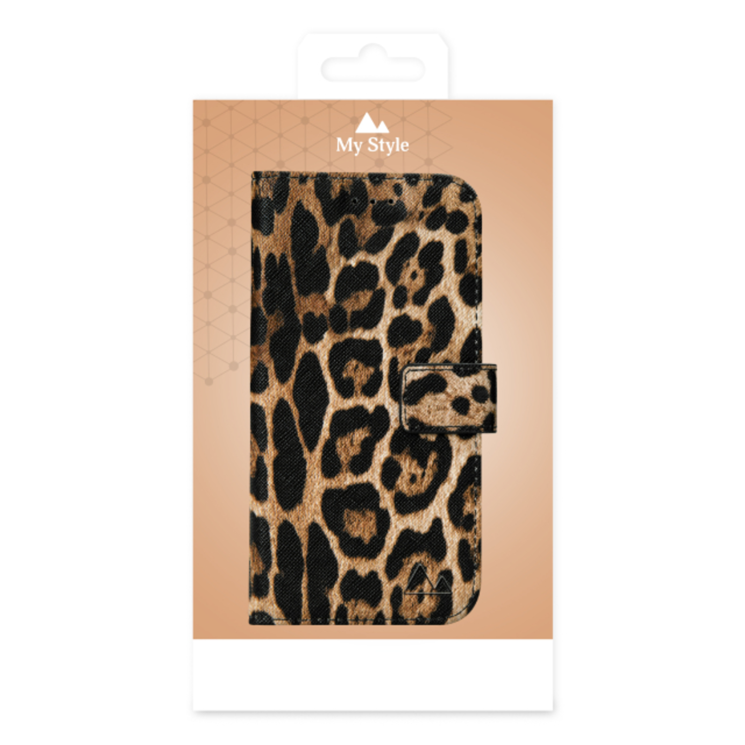 Étui de téléphone à imprimé léopard dans un emballage. Taches marron et noires, emballage blanc.