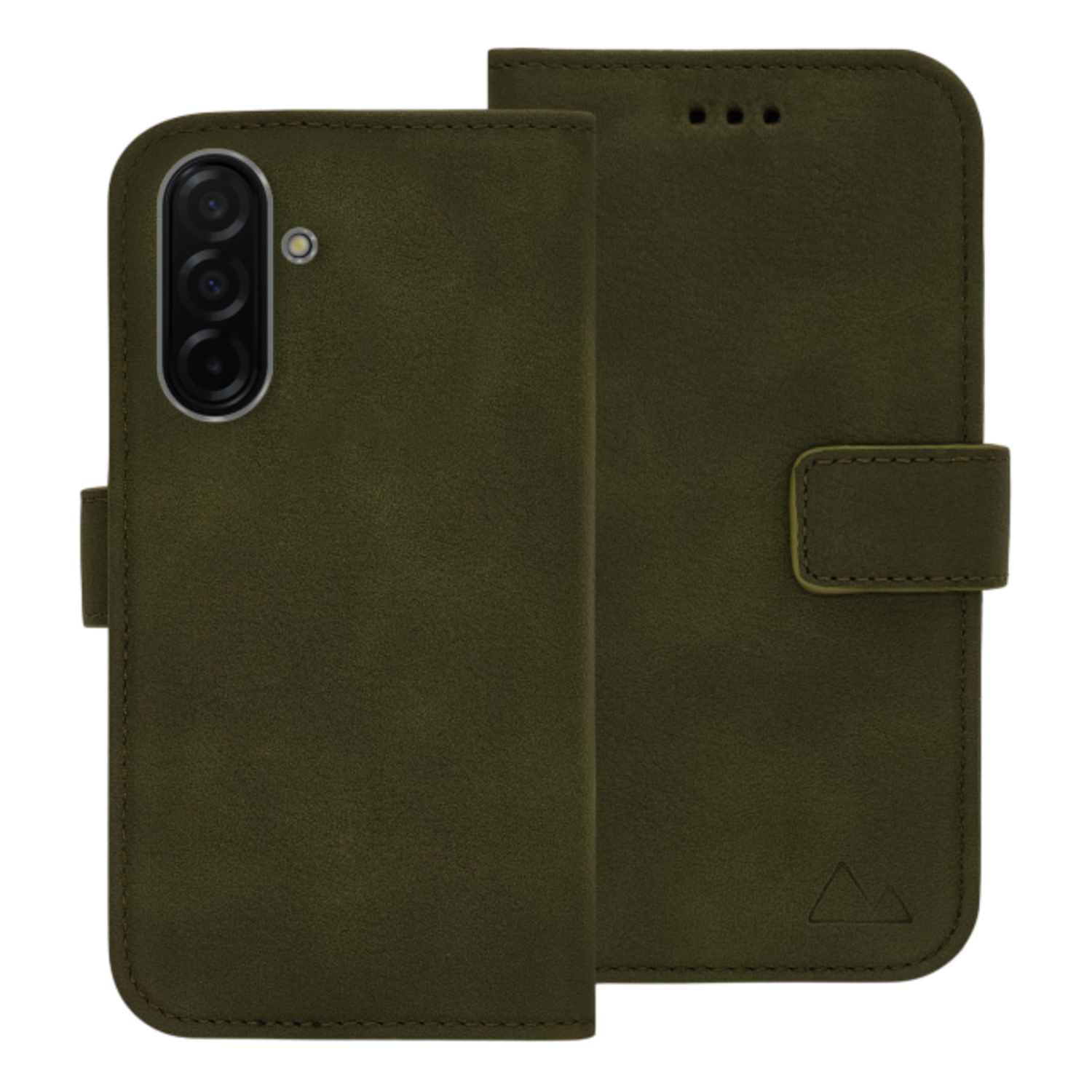 Groene leren telefoonhoes, open om de telefoon en een kaartsleuf te onthullen, met een driehoeklogo.