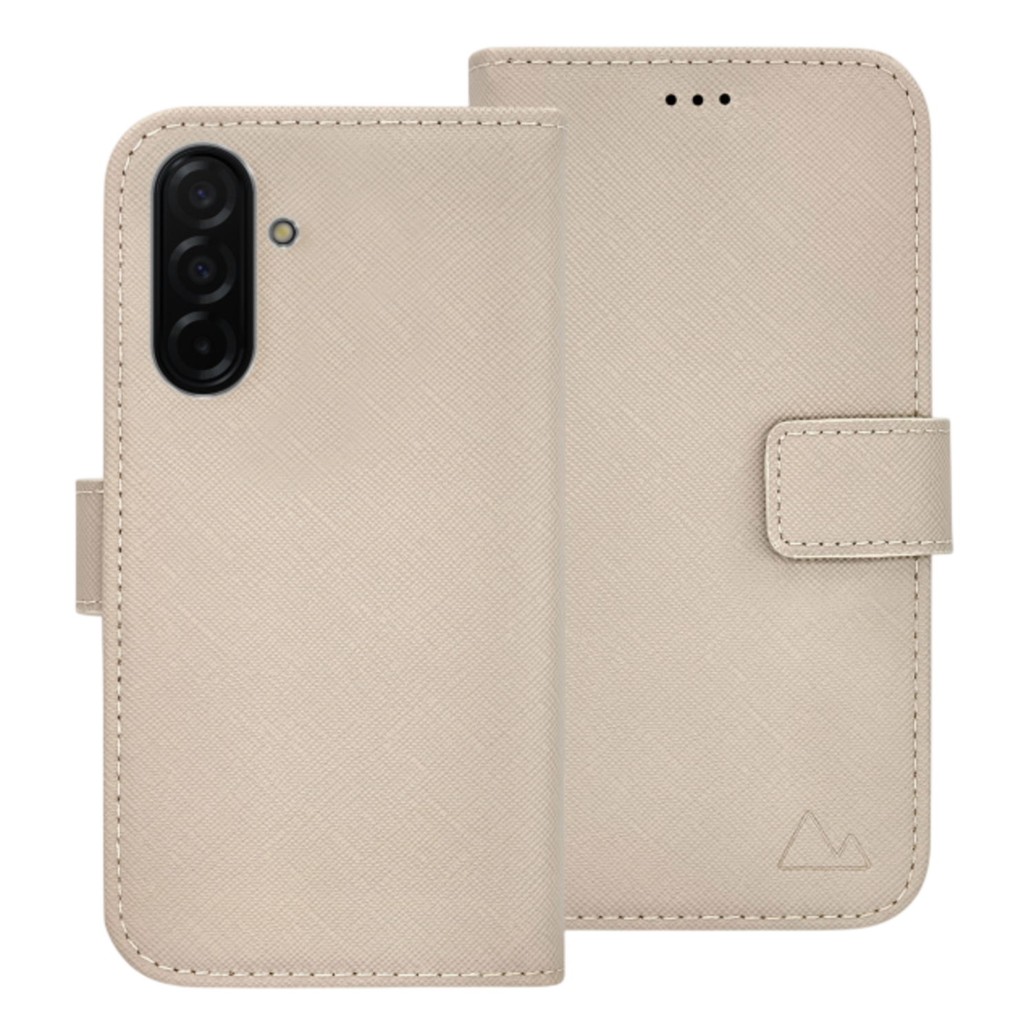Beige telefoonhoes, open en dicht. Toont een camera-uitsparing en een magnetische sluiting.