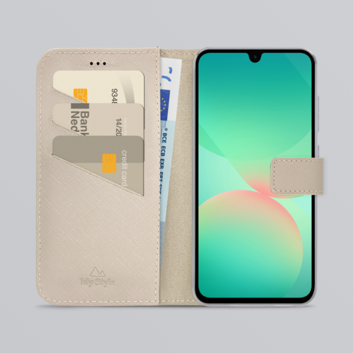 Een telefoonhoesje met kaarten en geld erin, en een telefoonscherm.