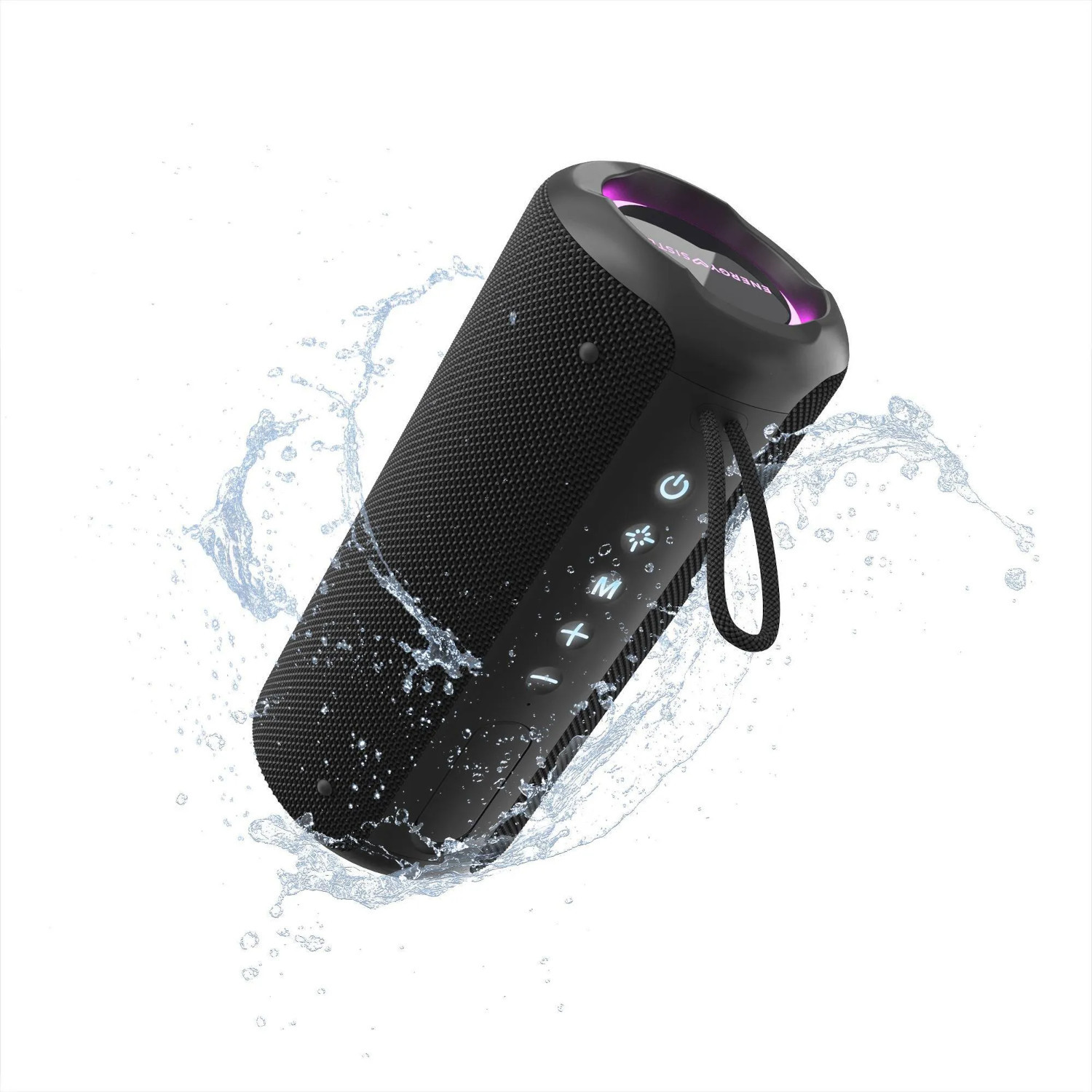 Fekete Bluetooth hangszóró vízfröccsenés effektussal fehér háttér előtt.
