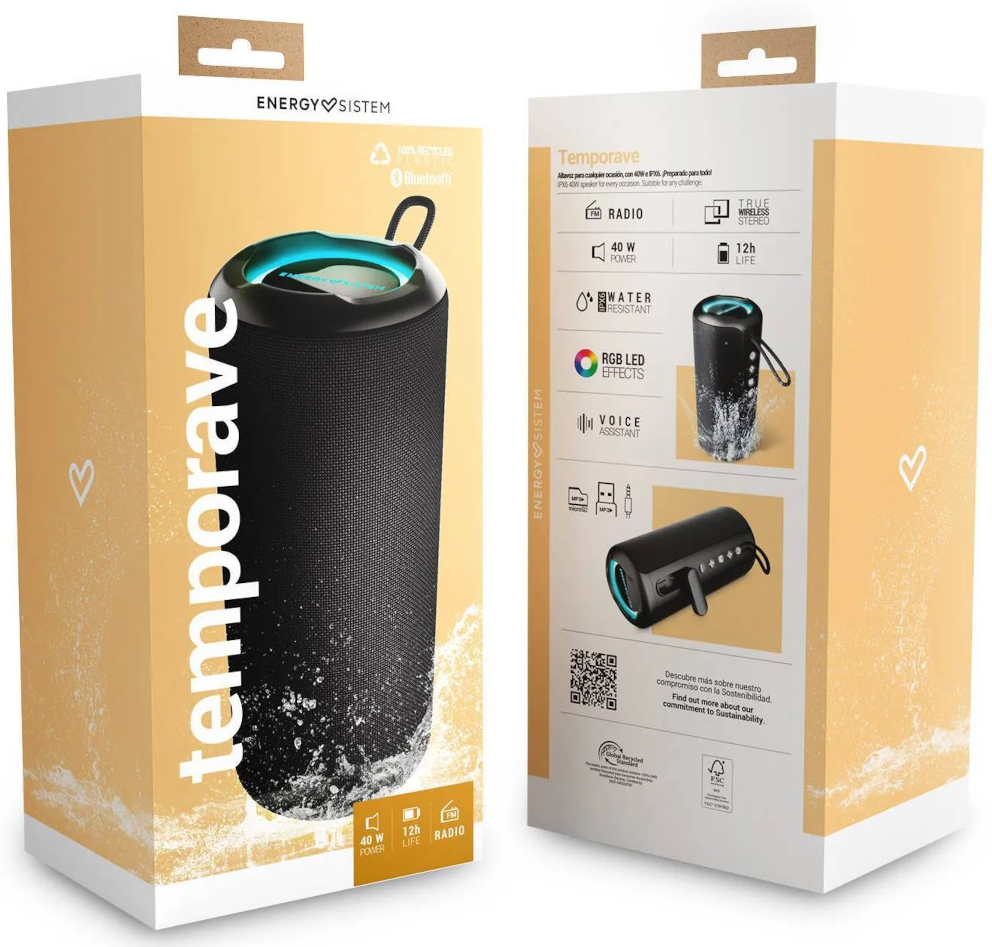 Hangszóró doboz a következő szöveggel: temporave. A doboz bemutatja a hangszórót és annak funkcióit. Bluetooth és vízálló.