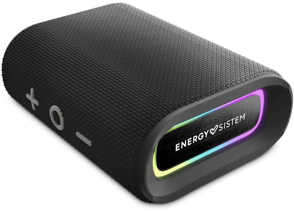 Fekete téglalap alakú hangszóró, színes világító csíkkal a szélén, Energy Sistem logóval.