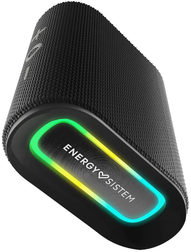 Fekete hangszóró világító aljjal, Energy Sistem logóval, zöld, sárga, kék fényekkel.