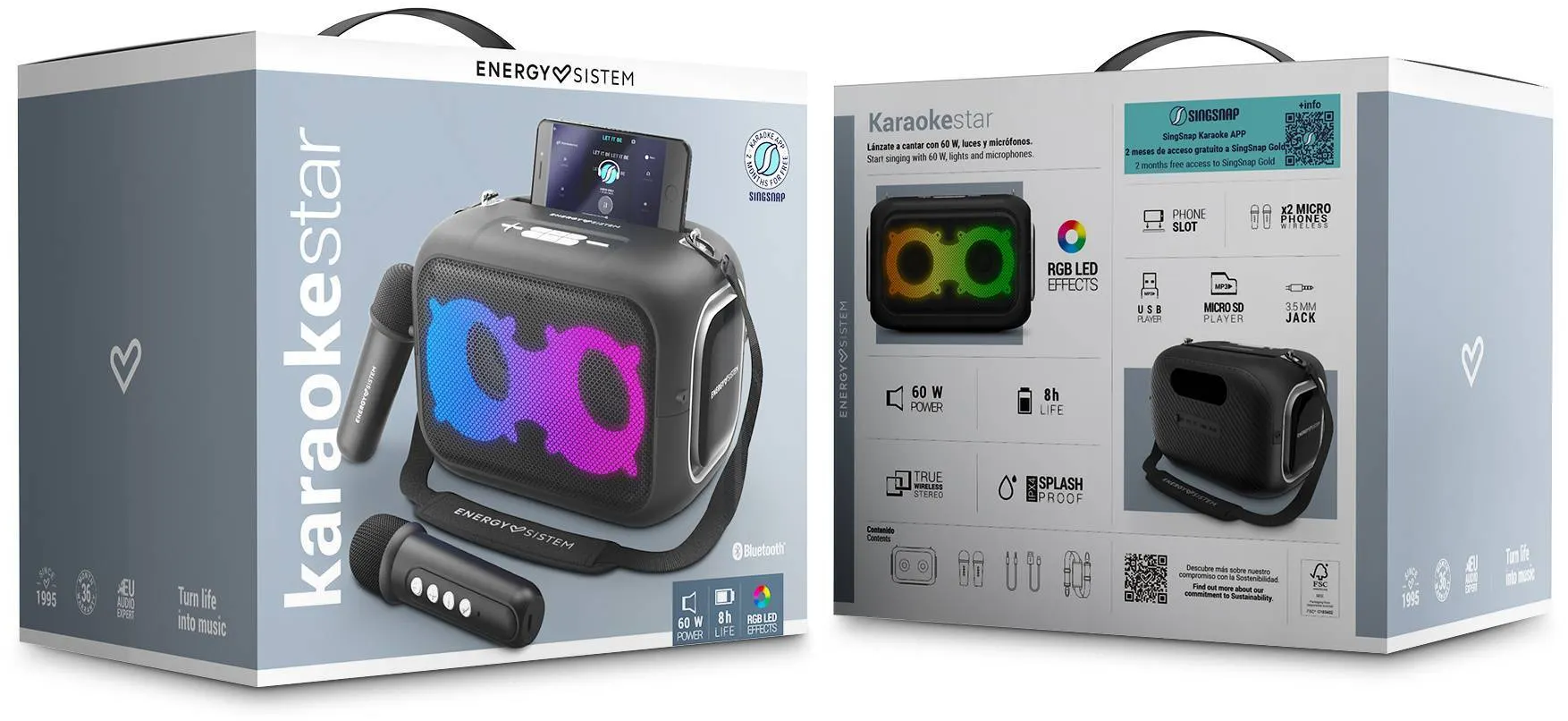 Karaoke Star hangszóró doboz, fekete, két mikrofon, színes fények, Bluetooth, 60W teljesítmény.