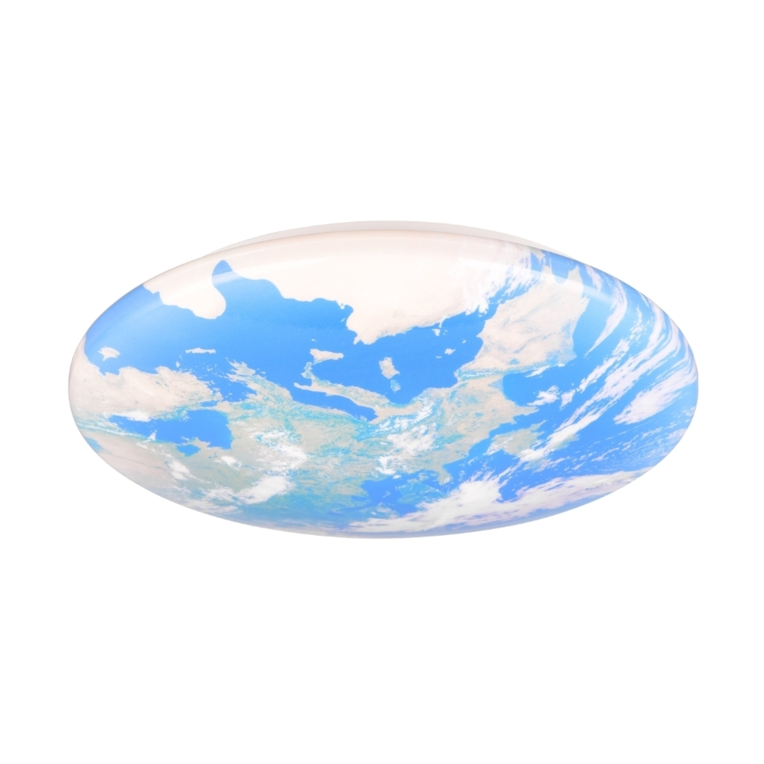 Oggetto blu e bianco a forma di globo su sfondo bianco.