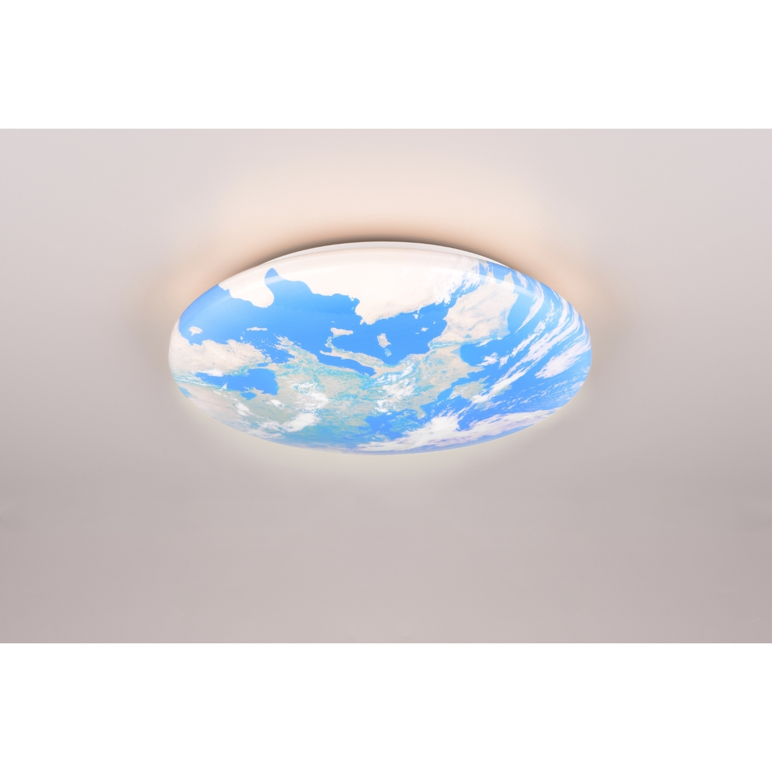 Lampada da soffitto con un design della Terra blu e bianco, circolare, luminoso e moderno.