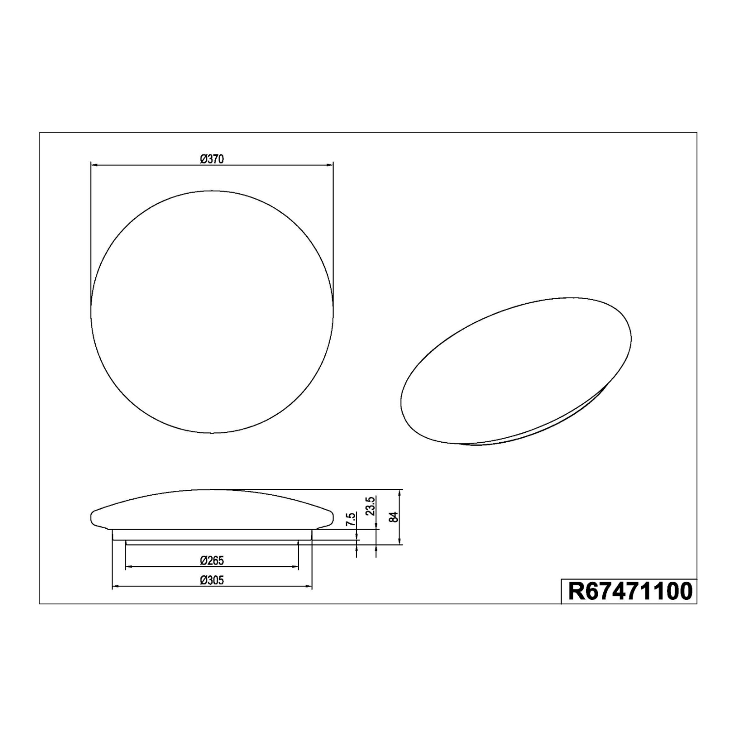 Disegno tecnico di un apparecchio di illuminazione circolare con dimensioni e misure.