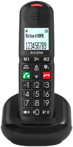 Fekete Alcatel otthoni telefon egy alapon, képernyővel, amely számokat és szöveget jelenít meg.