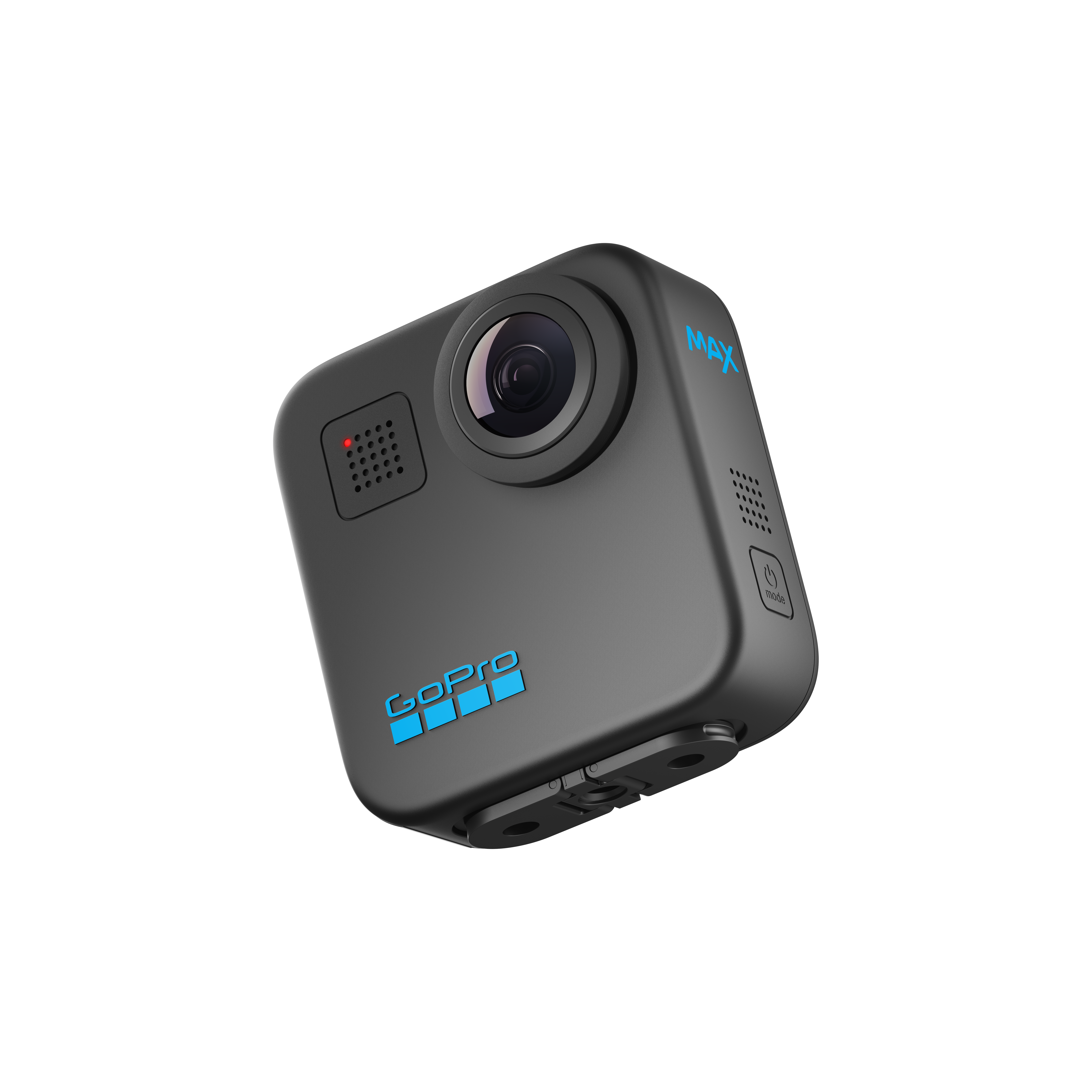 Eine GoPro Max Kamera, schwarz, mit drei Objektiven und dem GoPro-Logo, wird auf einer Oberfläche gezeigt.