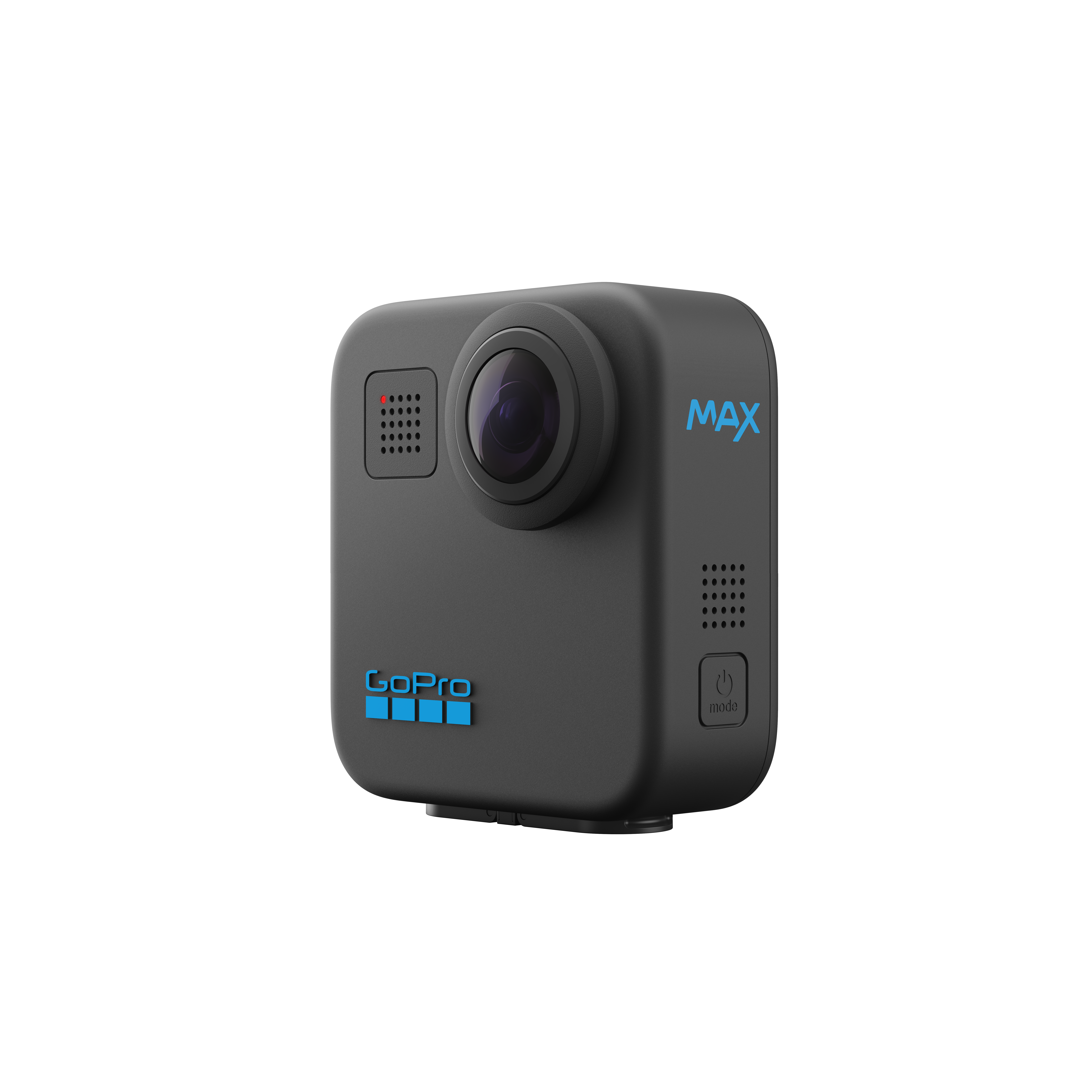 Schwarze GoPro Max Kamera. Die Kamera hat eine abgerundete rechteckige Form.