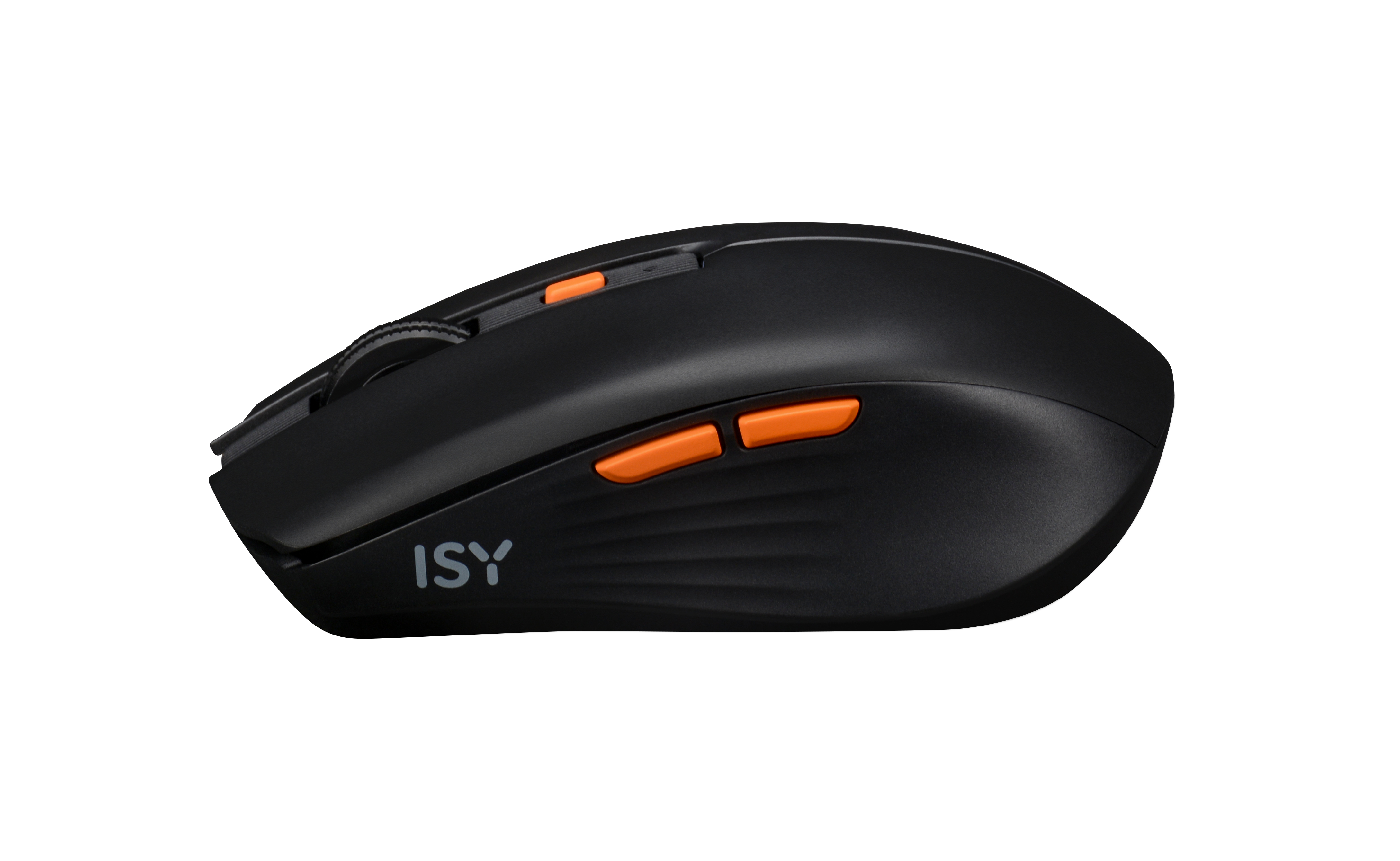 Schwarze ISY-Maus mit orangefarbenen Tasten auf weißem Hintergrund.