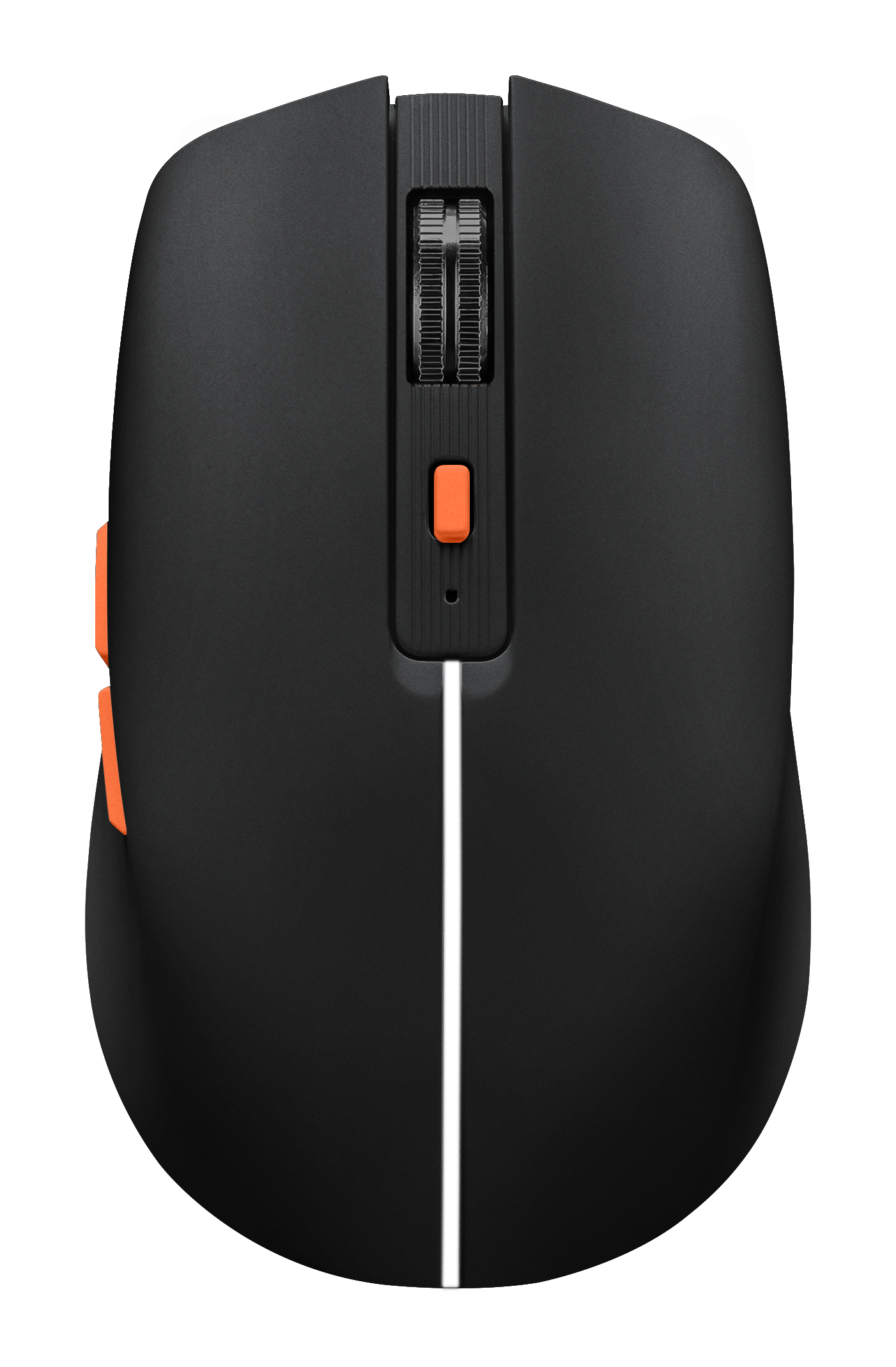 Schwarze Computermaus mit orangenen Tasten und Scrollrad, weiße Linie.