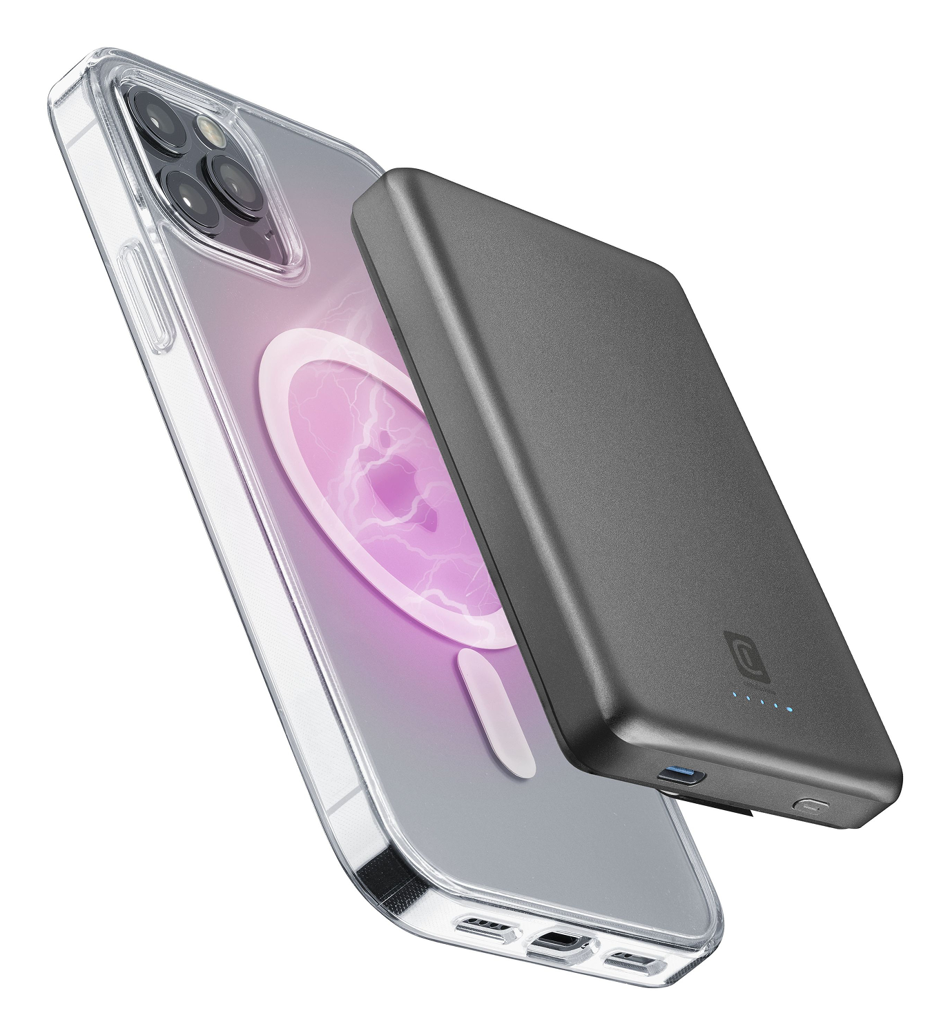 Teléfono en funda transparente con cargador. El teléfono muestra un círculo rosa. El cargador es negro.
