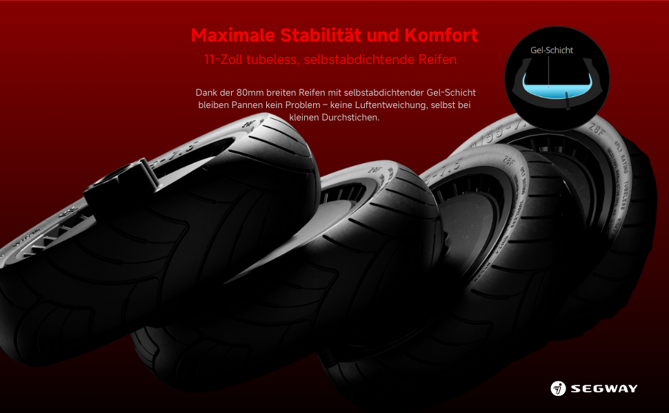 Reifen, schwarz, auf rotem Hintergrund, Text. Detailaufnahme. Segway-Logo.