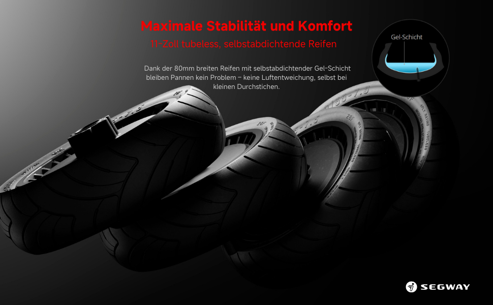 Schwarze Reifen eines Rollers mit Text und einer Illustration der blauen Gelschicht.
