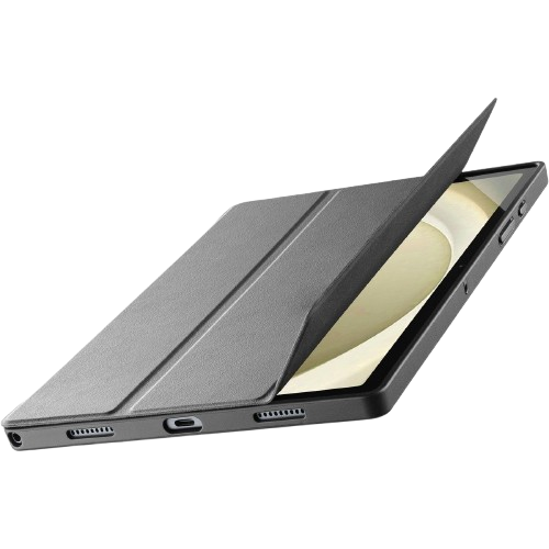 Graues Tablet in einer grauen Hülle, teilweise geöffnet.