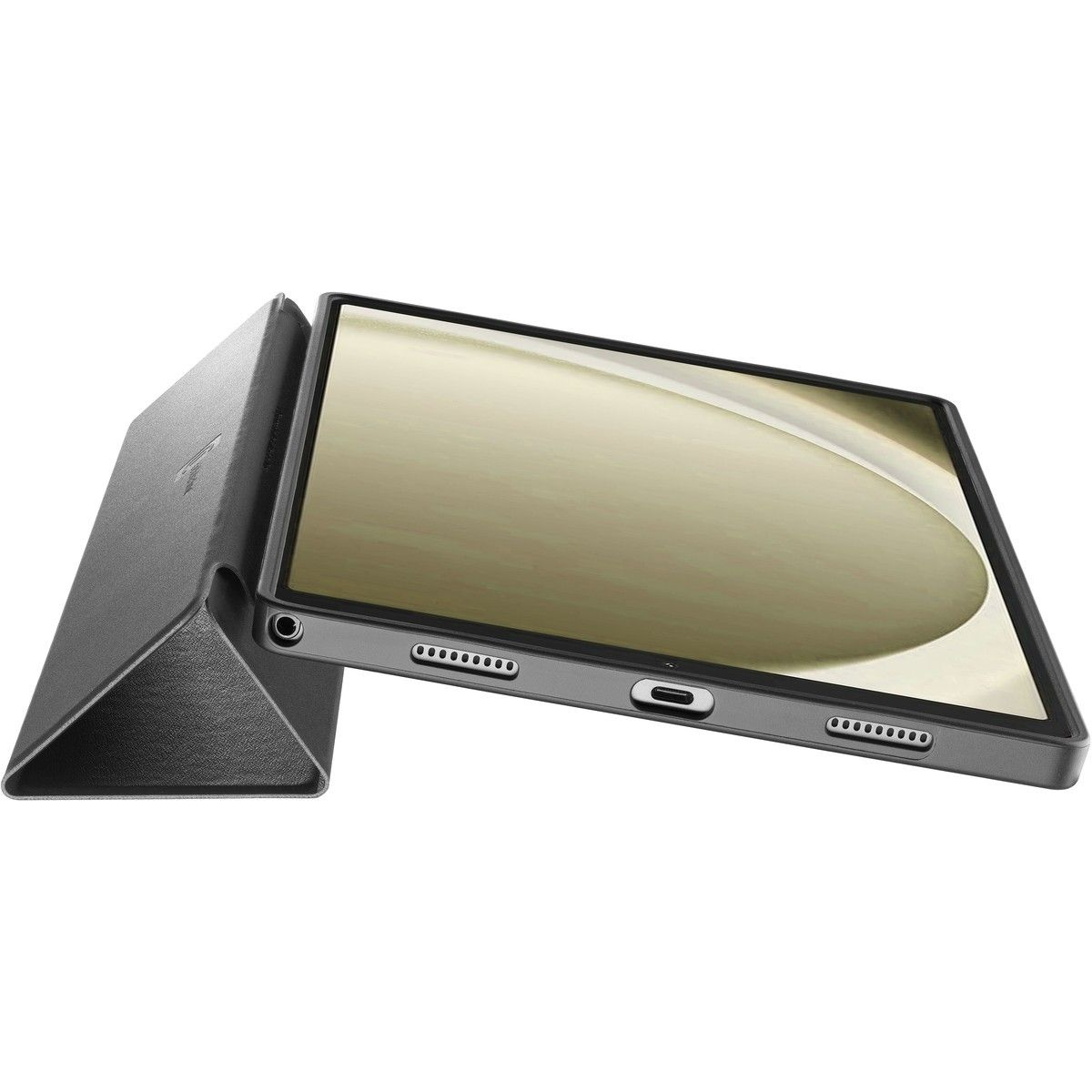 Tablet in dunkelgrauem Case, geöffnet und angewinkelt, um den Bildschirm zu zeigen. Schwarzer Hintergrund.