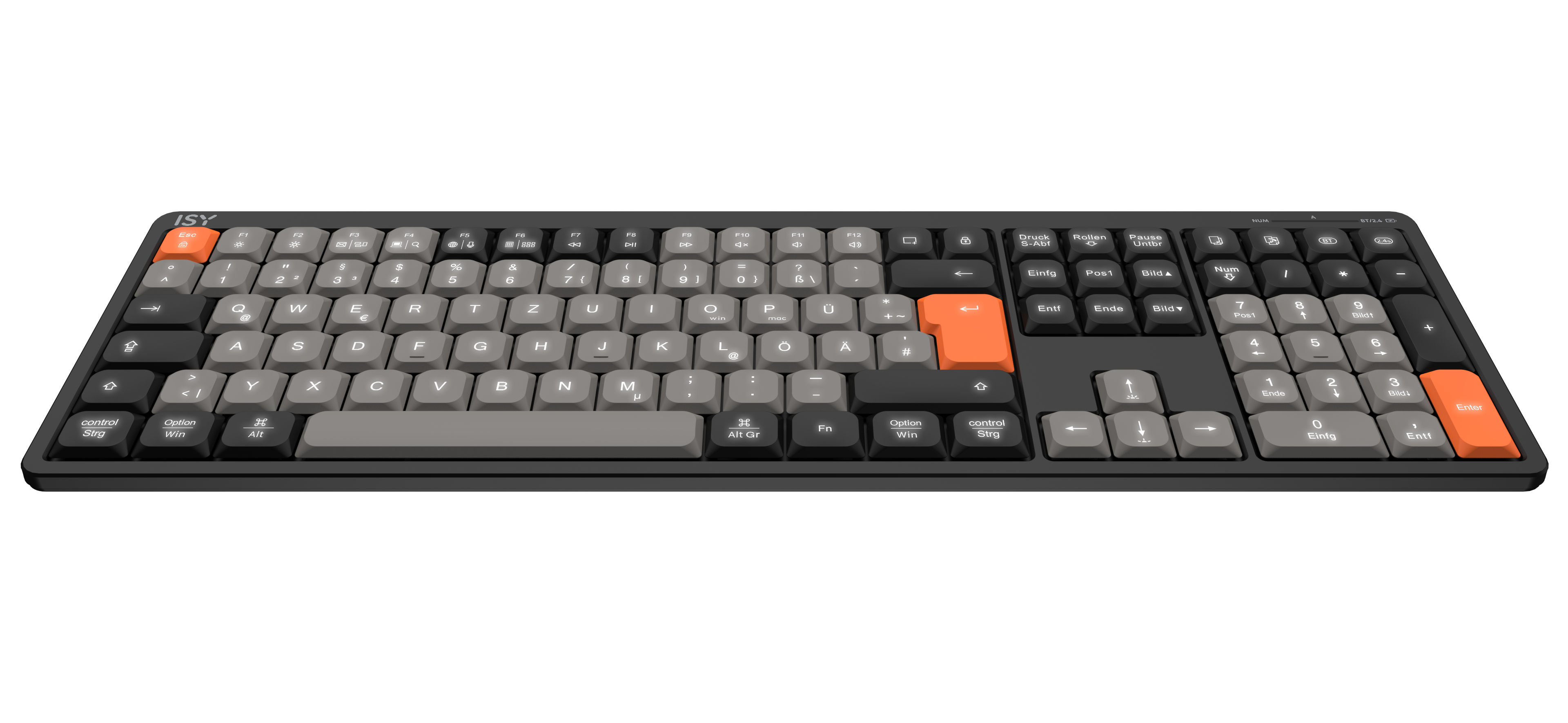 Eine schwarze Tastatur in voller Größe mit orangefarbenen Akzenten auf den Tasten und weißem Hintergrund.
