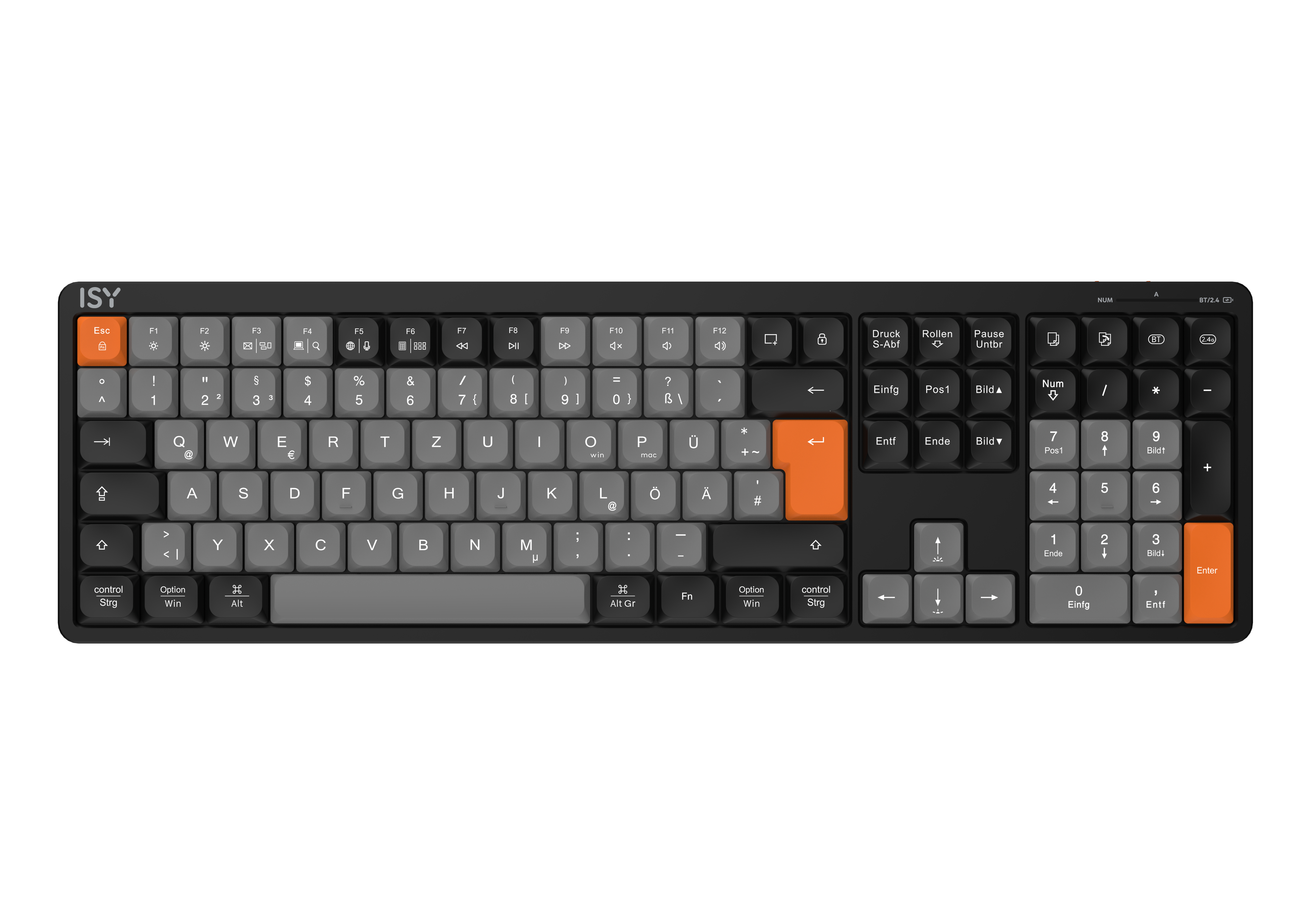 ISY schwarze Tastatur mit grauen und orangefarbenen Tasten auf weißem Hintergrund.