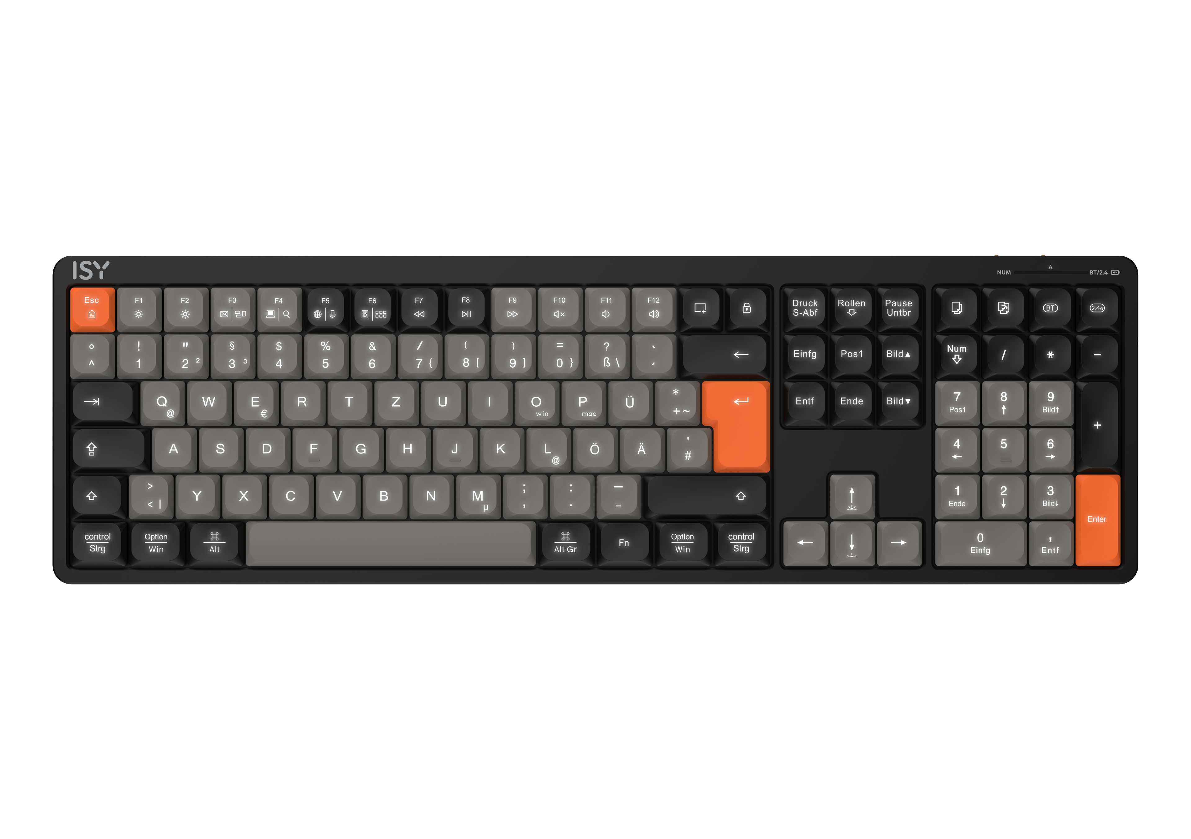 Schwarze Tastatur mit grauen und orangenen Tasten. Buchstaben und Zahlen sind sichtbar.