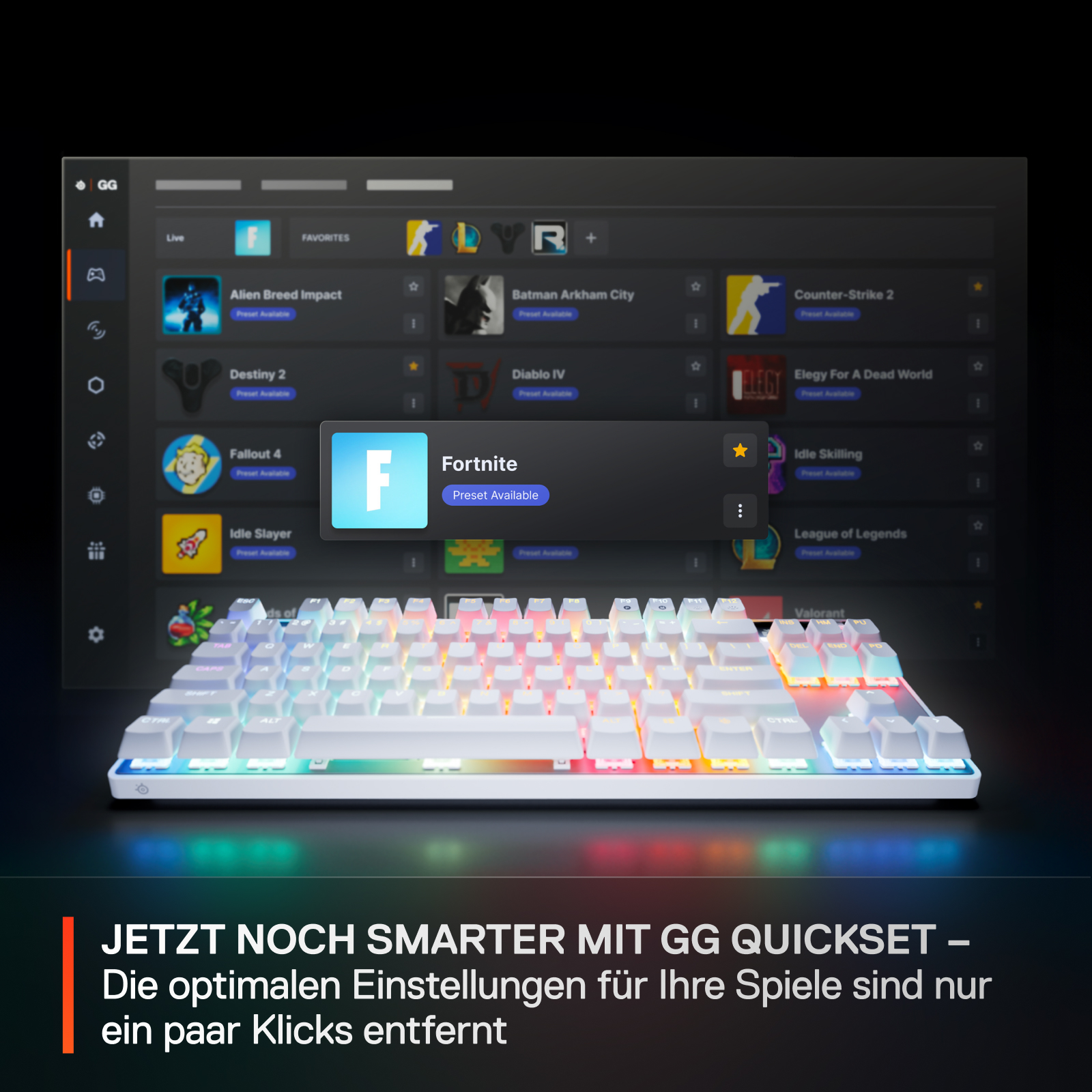 Eine Tastatur wird mit Spielen auf einem Bildschirm angezeigt. Ein Spiel ist ausgewählt. Die Tastatur hat farbige Lichter.