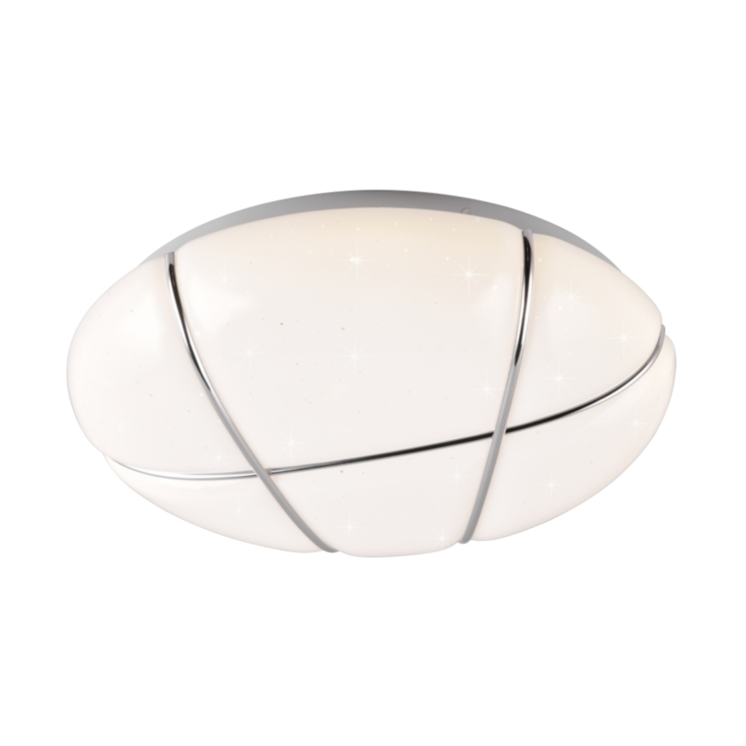 Lampada da soffitto ovale con accenti in metallo argentato.