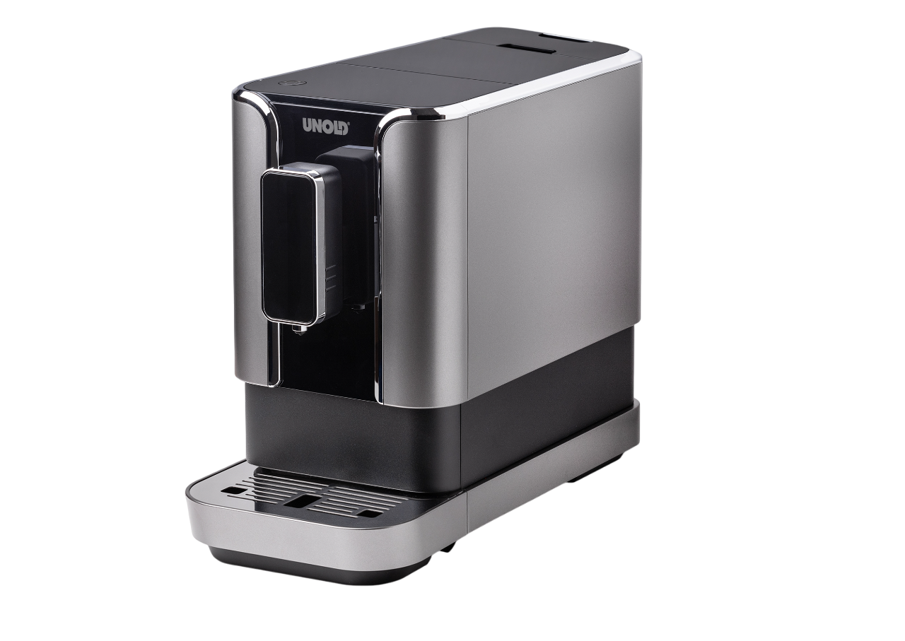 Unold Kaffeemaschine, silber und schwarz, mit kleinem Display und Abtropfschale.