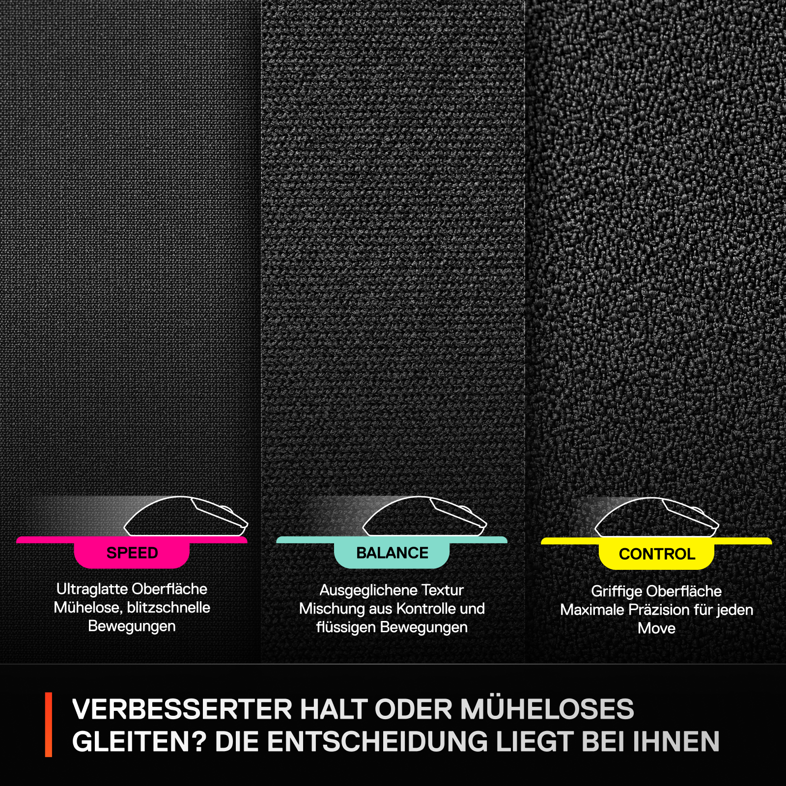 Drei Mauspads-Muster mit den Bezeichnungen SPEED, BALANCE und CONTROL mit Beschreibungen darunter.