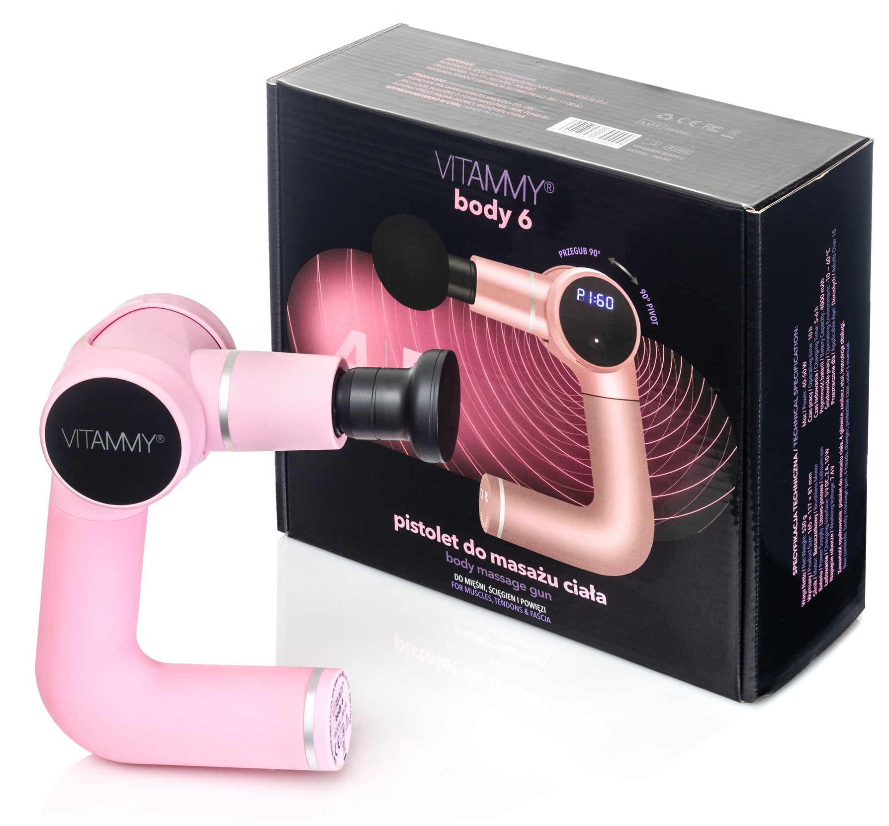 Różowy pistolet do masażu z pudełkiem z napisem 'VITAMMY body 6'.