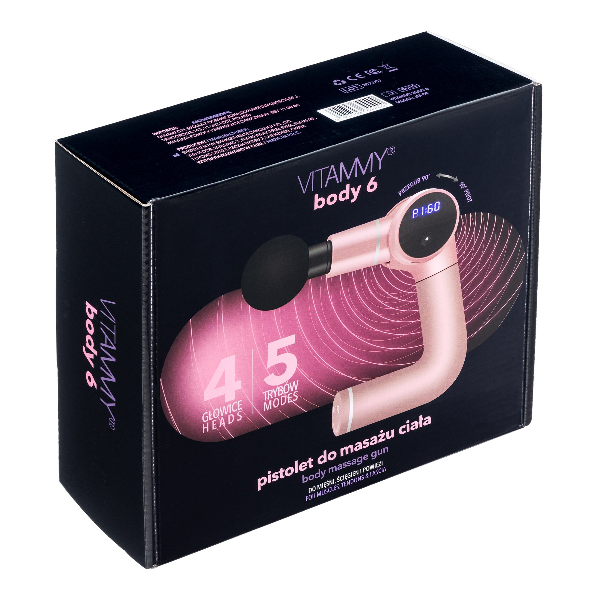 Pudełko pistoletu do masażu Vitammy body 6, różowe urządzenie, z tekstem o masażu i trybach.