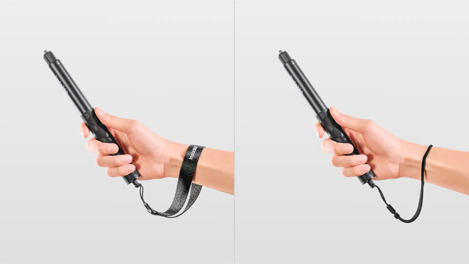 Zwei Hände halten einen schwarzen Selfie-Stick. Eine Hand hält den Stick mit einer Handschlaufe.