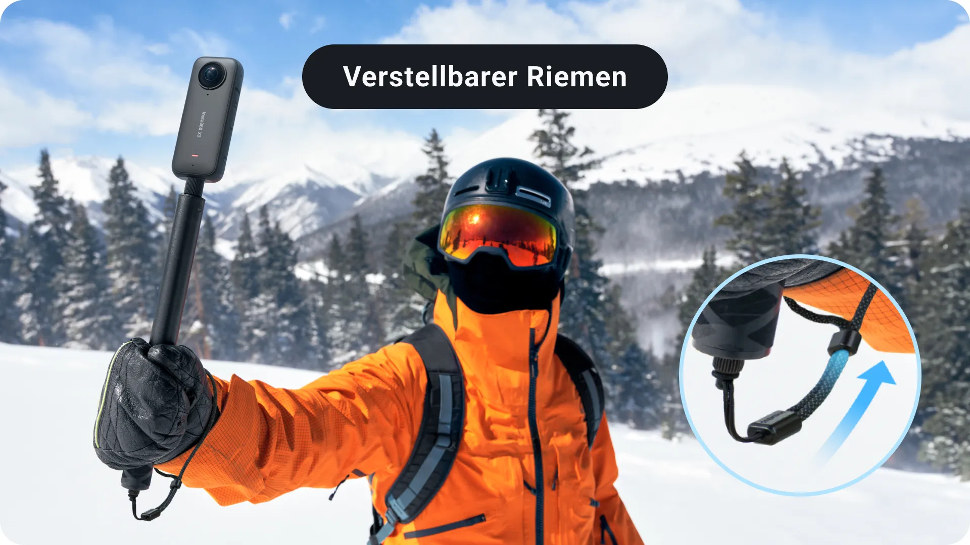 Eine Person mit einer orangefarbenen Jacke hält einen schwarzen Selfie-Stick. Sie sind im Schnee.