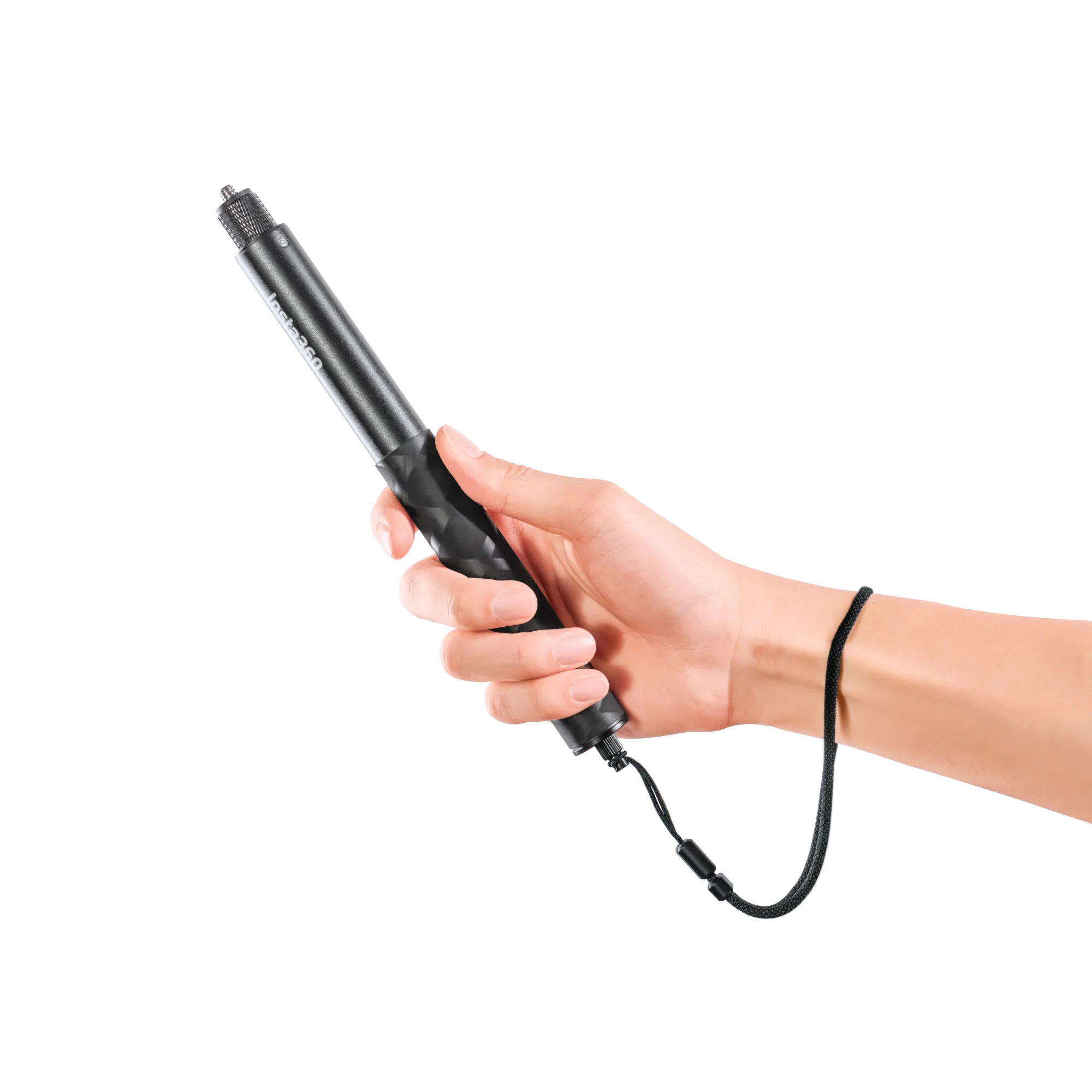 Hand hält schwarzen Insta360 Selfie-Stick mit Handgelenkschlaufe.
