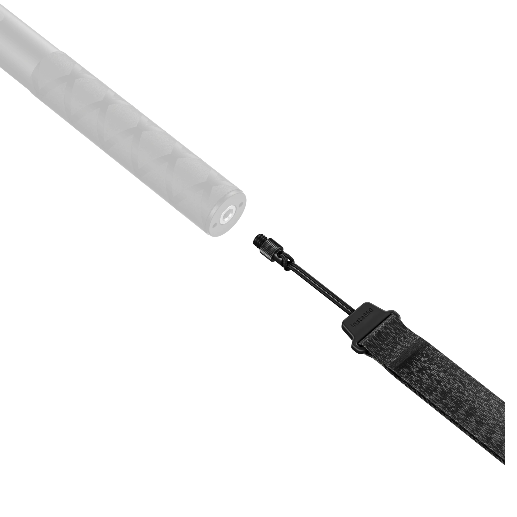 Das Ende eines Selfie-Sticks mit einem daran befestigten Faden und einem Teil, das sich in den Stick schraubt.