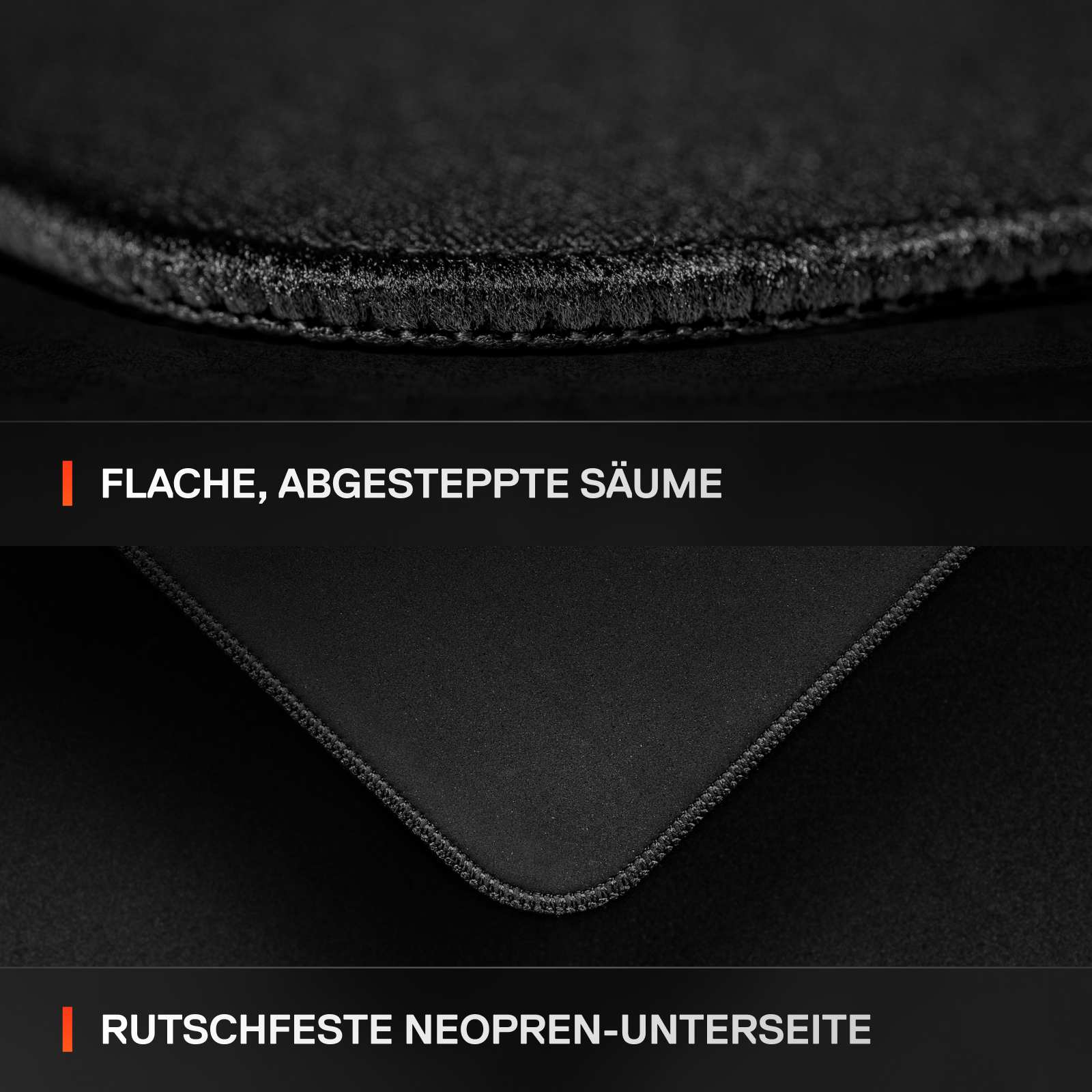 Nahaufnahme eines schwarzen Mauspads mit genähtem Rand und rutschfester Neopren-Unterseite.