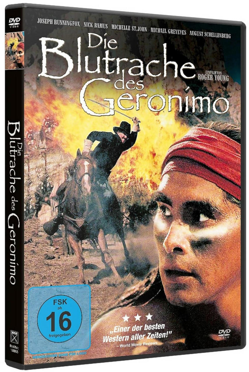 DVD-Cover: Mann reitet Pferd, Feuer im Hintergrund, Gesicht eines Indianers.