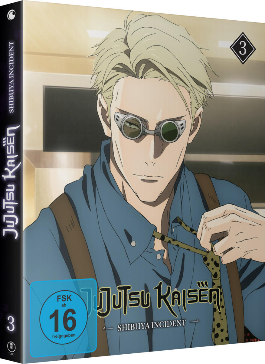 Anime-DVD-Box-Art. Blonder Mann mit Brille, blauem Hemd und Krawatte. Text liest Jujutsu Kaisen.