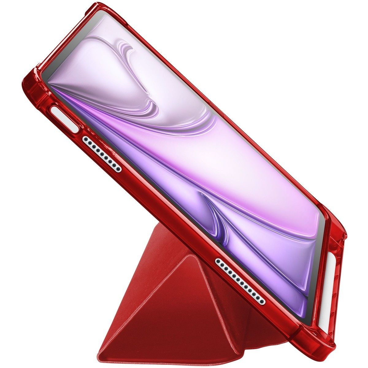 Eine rote Handyhülle mit einem Telefon darin, auf einem roten dreieckigen Ständer.