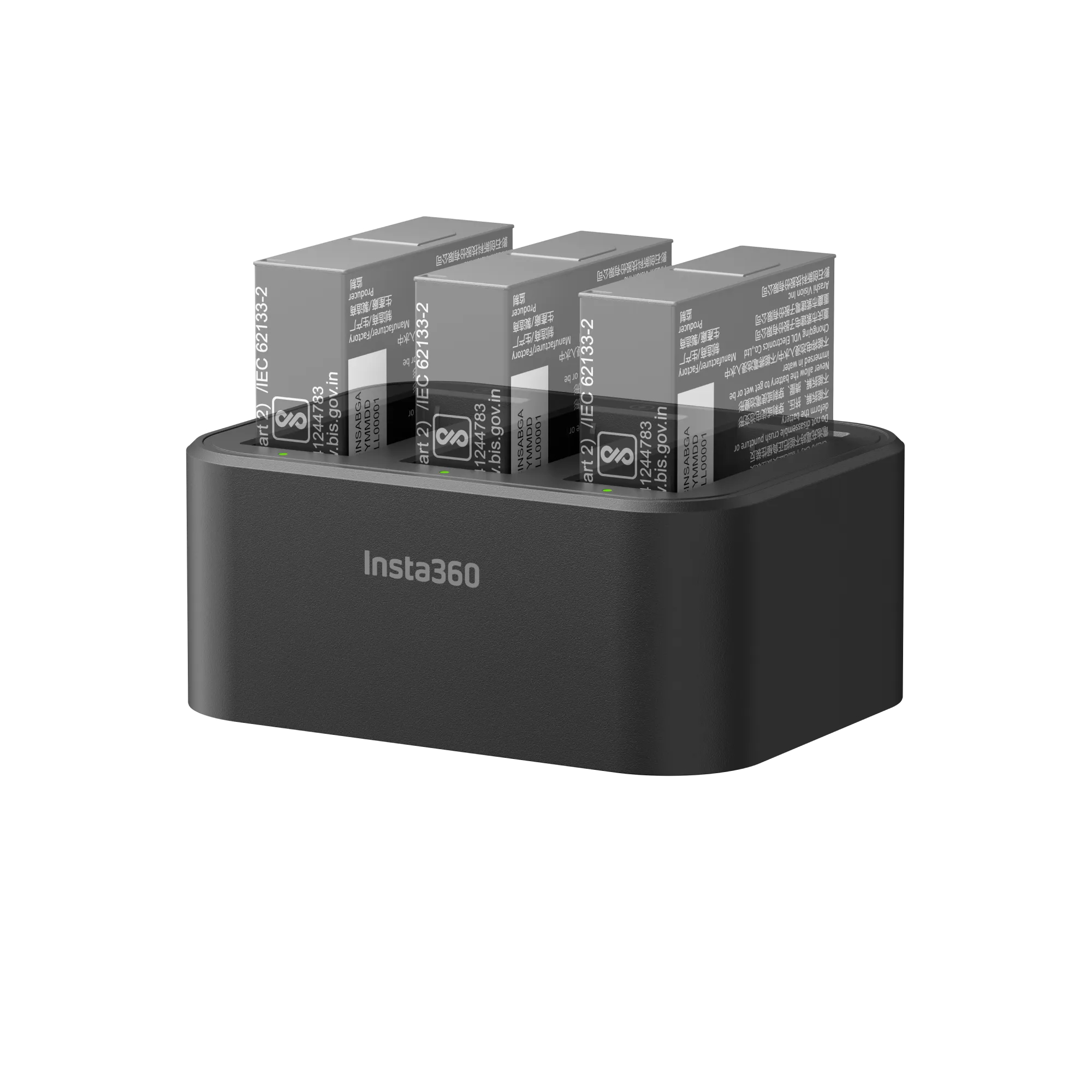 Ein schwarzes Insta360-Ladegerät mit drei Batterien, weißer Hintergrund.