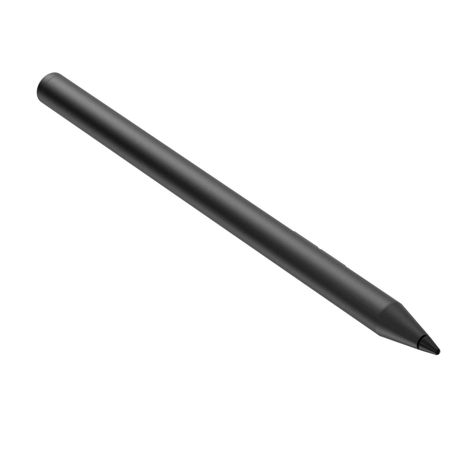 A black stylus pen, angled, on a black background. The tip is pointed, and the pen is smooth.