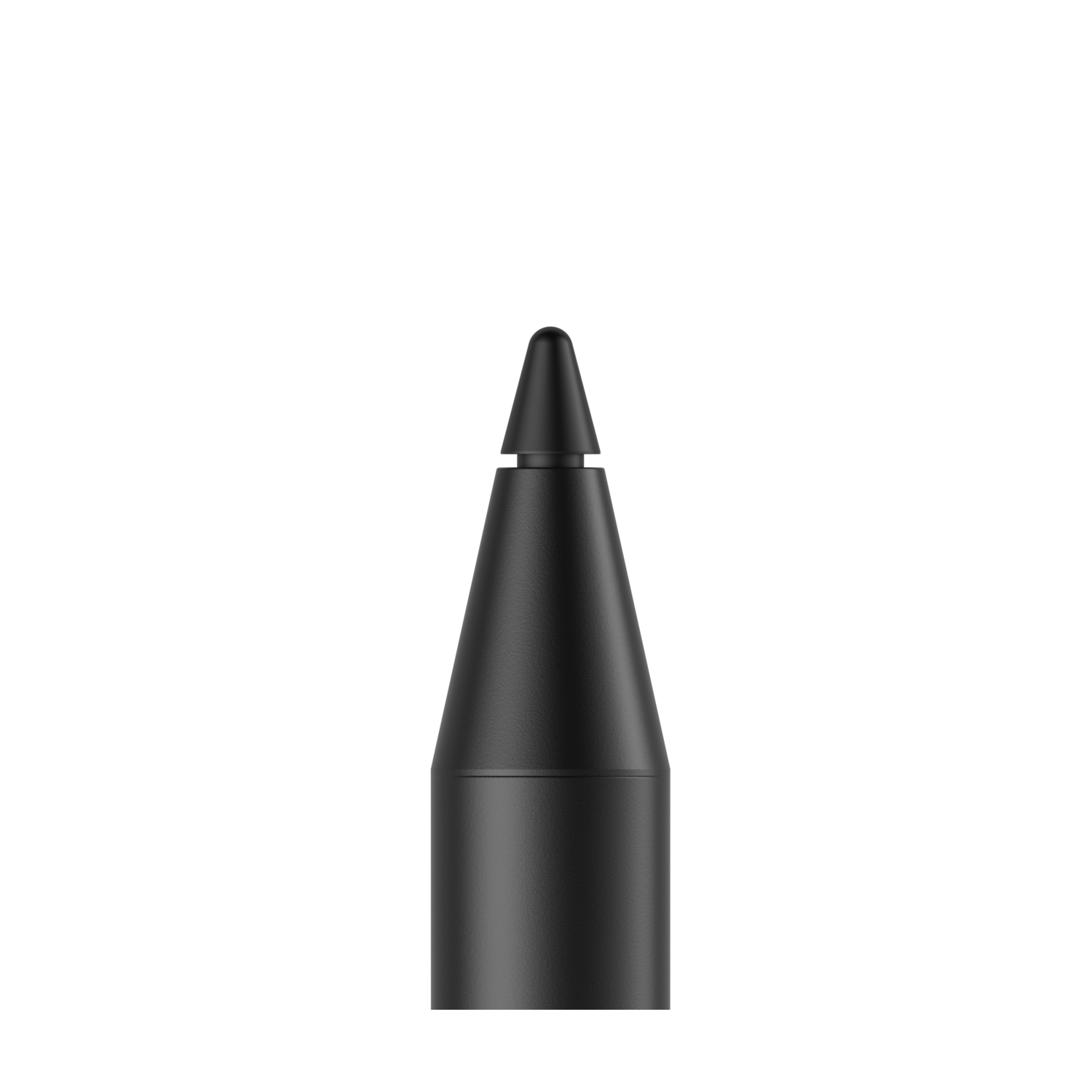 Close-up of the black tip of a stylus pen. It is tapered and made of a matte material.