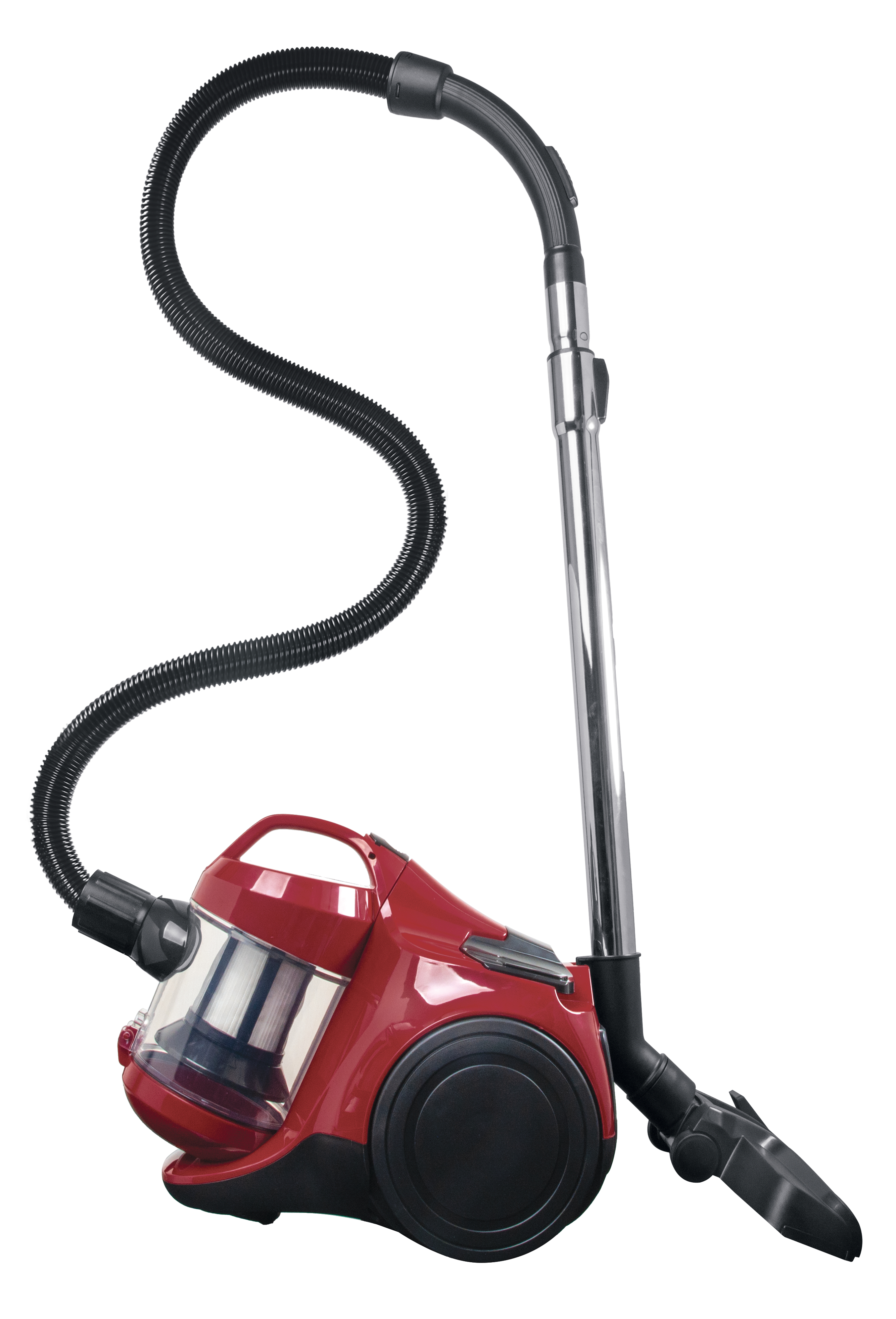 Roter Staubsauger mit flexiblem Schlauch und Düse.